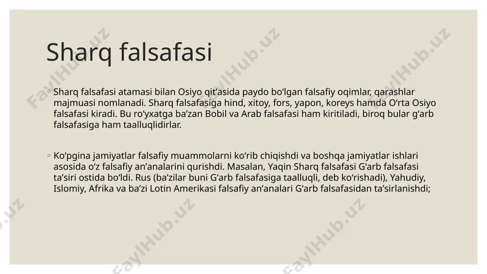 tta qismini qurgan va uzoq sharqqa ham dharmik dinlar orqali yetib borgan. undagi fikrlar pluralizmi hind falsafasini liberal universalizm shakliga keltirgan. fors falsafasi tarixi qadimgi eron falsafiy anʼanalari va ularning hind-eron ildizlariga borib taqaladi. fors falsafasi zardusht taʼlimotidan taʼsirlangan. eron tarixidagi turli urushlar — iskandar zulqarnayn, arablar va moʻgʻullar istilolariturli madaniyatlar, dinlar aralashuvi va natijada turfa falsafiy maktablar paydo boʻlishiga olib keldi. bularga zardushtiylik va islom taʼlimotlari, yunon falsafasi taʼsiridagi oqimlar, manixeylik, mazdakiylik va hokazo kiradi. oʻrta osiyo falsafasi zardushtiylik, keyinchalik esa islom dinlari taʼsirida shakllangan. muhim faylasuflardan biri — ibn sino oʻrta osiyo va umuman islom olamida mantiq va metafizikani shakllantirdi; bunda u arastu va aflotun ishlariga tayandi. ibn sino olamning vaqt oʻqida yaratilishini rad etadi; olam uning yaratuvchisi emanatsiyasidir, deydi. ibn sinoning bu qarashlari islomiy deizm va pandeizmga yaqindir. hind falsafasi (dini) veda bu din hozirgi davrda hinduizm deb ataladi lekin. veda 4 ga bo'linadi bular rigveda - …