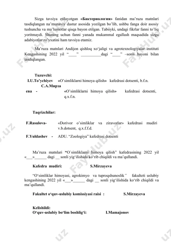 kteriyalarning tarqalish yo‘llari va infektsiya манманбаи 5 fitopatogen bakteriyalar sistematikasi. 6 o‘simliklarda bakteriyalar qo‘zg‘atadigan kasallik belgilarining paydo bo‘lishi 7 o‘simliklarning bakterial kasalliklariga tashxis qo‘yish usullari 8 o‘simliklarda bakterialar qo‘zg‘atadigan kasalliklar natijasida ro‘y beradigan fiziologik o‘zgarishlar 9 fitopatogen bakteriyalarning tashqi muhit omillariga munosabati 10 o‘simliklarni uyg‘unlashgan himoya qilishda bakteriyalarning ko‘payishini va tarqalishini oldindan bashorat qilish 11 bakterial kasalliklarga qarshi uyg‘unlashgan himoya qilishning ahamiyati 12 pseudomonas turkumiga kiruvchi bakteriyalar qo‘zg‘atadigan kasalliklar va ularga qarshi kurash choralari 13 xanthomonas turkumiga kiruvchi bakteriyalar qo‘zg‘atadigan kasalliklar va ularga qarshi kurash choralari 14 o‘simliklarni himoya qilishda bakterial preparatlarning ahamiyati 15 reketsiga o’xshash bakterialar 1-mavzu. kirish. fanning maqsadi va vazifasi reja kirish. qishloq xo‘jalik ekinlarida kasallik qo‘zg‘atuvchi mikroorganizmlarning morfologik va fiziologik xususiyatlarini o‘rganishning maqsadi va vazifasi. 2.viruslar, mikoplazmalar, bakteriyalarning tavsifi va qishloq xo‘jaligidagi axamiyati. tayanch so’zlar: etiologiya, fitoimmunologiya, bakteriologiya, kasallik,epifitotiya,metod, bakteriya’, bashorat, epifitotiologiya 1.1.kirish. qishloq xo‘jalik ekinlarida kasallik qo‘zg‘atuvchi mikroorganizmlarning morfologik va fiziologik xususiyatlarini o‘rganishning maqsadi va …