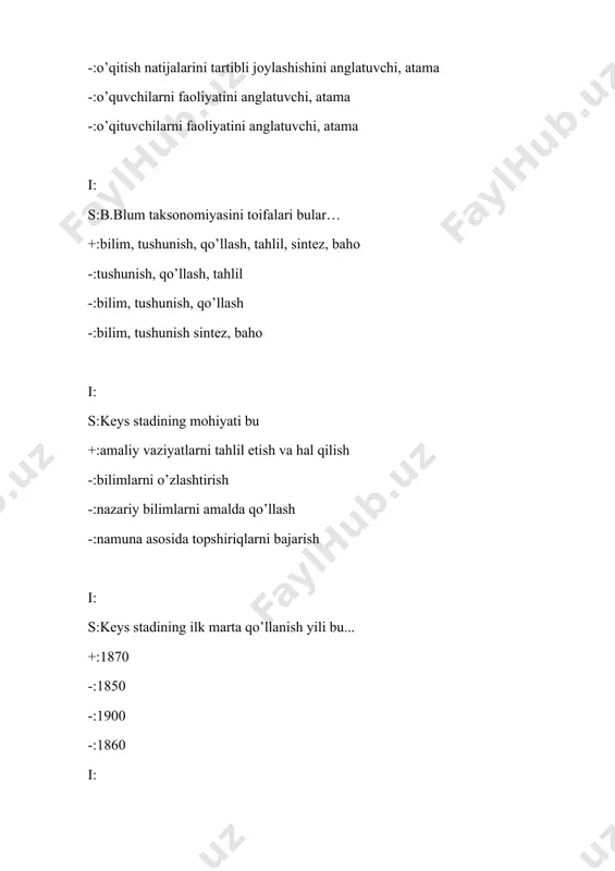 o’quv ko’nikma -:ingl. sase– kalit, stadi – malaka i: s:muammolikning to’rtinchi darajasi bu +:talaba muammoni o’zi qo’yadi va uni yechadi -:o’qituvchi muammoni qo’yadi, talabalar esa mustaqil yoki o’qituvchining raxbarligi ostida muammoni yechadilar -:talaba muammoni o’zi qo’yadi va uni o’qituvchi yechadi -:talaba muammoni qo’yadi,o’qituvchi esa uni yechishga yordam beradi i: s:amerika keyslarini hajmi +:o’nlab sahifali matnni va ko’plab chizmalarni o’z ichiga oladi -:bir sahifali matn -:kam hajmli -:faqat chizmalar i: s:evropa keyslari hajmi +:kam hajmli -:ko’p hajmli -:o’nlab sahifali matn -:ko’plab chizmalardan iborat i: s:chet ellardagi biznes-maktablarda odatiy vaziyatlarni o’rganishga ajratilgan o’quv vaqti qismi +:25 % - 90% -:15 % - 80% -:20 % - 70% -:100% i: s:keys bu +:real hayotning «bir parchasidir» -:vaziyatning oddiy bayoni -:vaziyatni tushunish -:axborot kompleksi i: s:keys bu +:vaziyatni tushunish va baholashga imkon beradigan yagona axborot kompleksi -:vaziyatlar kompleksi -:ko’plab chi-zmalardan iborat bo’lgan axborot kompleksi -:o’nlab sahifali -matn i: s:keysning quyidagi turlari mavjud bu +:tabiiy …