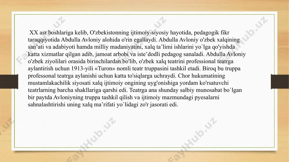 pedagogiya», ya’ni “bola tarbiyasining fanidir”, deb ta’rif berdi. tabiiyki, bunday ta’rif avloniyning pedagogika fanini yaxshi bilishidan dalolat beradi. abdulla avloniy bola tarbiyasini nisbiy ravishda quyidagi to'rt bo'limga ajratadi: 1. «tarbiyaning zamoni». 2. «badan tarbiyasi». 3. «fikr tarbiyasi». 4. «axloq tarbiyasi». «tarbiyaning zamoni» bo'limida tarbiyani yoshlikdan berish zarurligini, bu ishga hammani: «alhosil, tarbiya bizlar uchun yo hayot - yo mamot, yo najot - yo halokat, yo saodat - yo falokat masalasidur>>, deb uqtiradi avloniy. ota-ona, muallim, hukumat va boshqalarning kirishishi kerakligini ta’kidlaydi. tarbiya xususiy ish emas, milliy, ijtimoiy ishdir. har bir xalqning taraqqiy etishi, davlatlarning qudratli bo'lishi avlodlar tarbiyasiga ko'p jihatdan bog'liq, deb hisoblaydi adib. tarbiya zurriyot dunyoga kelgandan boshlanib, uning oxiriga qadar davom etadi. u bir qancha bosqichdan - uy, bog'cha, maktab va jamoatchilik tarbiyasidan tashkil topgan. avloniy tarbiyaning doirasini keng ma’noda tushunadi. uni birgina axloq bilan chegaralab qo'ymaydi. u, birinchi navbatda, bolaning sog'ligi haqida g'amxo'rlik qilish lozimligini uqtiradi. avloniyning …