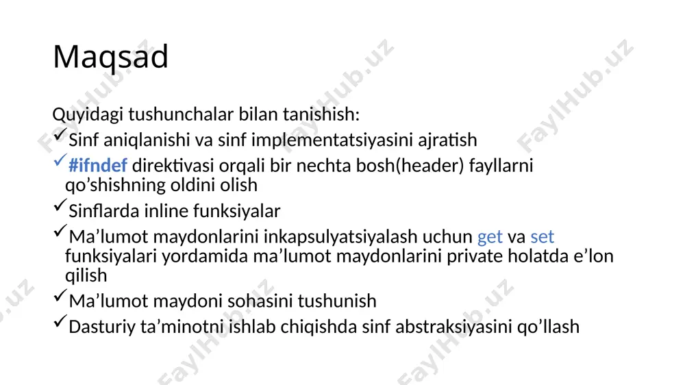 liflik huquqini himoya qilishda muhim rol o’ynaydi. listing 9.3 circle.h listing 9.4 circle.cpp listing 9.5 testcirclewithheader.cpp 2. ko’p qo’shishning oldini olish qo’shish himoyasi header fayllarni bir necha bor qo’shishning oldini oladi. bitta header faylni dasturga bir necha bor qo’shish umumiy xatolik hisoblanadi. tasavvur qiling, head.h ga circle.h qo’shilsin va testhead.cpp ikkisini ham, yani head.h ham circle.h faylini ham qo’shib olsin. 2. ko’p qo’shishning oldini olish 2. ko’p qo’shishning oldini olish agar testhead.cpp kompilyatsiya qilinsa, u holda xatolik yuzaga keladi, chunki bu yerda circle ko’p marta aniqlanayapti. buning nimasi not’g’ri? circle.h 1-qatorga qo’shildi. bu paytda circle header fayli head.h ga ham qo’shildi. bu ko’p marta qo’shish xatoligiga olib keladi. #ifndef va #define direktivalari header fayllarni ko’p marta qo’shish xatoligining oldini oladi. bu jarayon qo’shish himoyasi deb ataladi. dastur ishlashi uchun header faylga 3 qator kod yozib qo’yiladi. bu jarayon quyidagi listingda ajratib ko’rsatilgan. listing 9.8 circlewithinclusionguard.h 2. ko’p qo’shishning oldini olish …