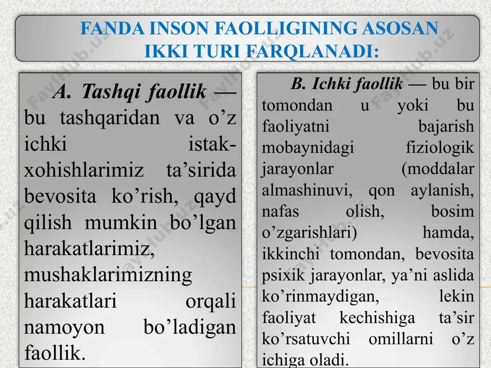 i faoliyat asosida psixik jarayonlarga o’tish ro’y bergan bo’lsa, bunday jarayonni psixologiyada interiorizasiya deb ataladi, aksincha, aqlda shakllangan g’oyalarni bevosita tashqi harakatlarda yoki tashqi faoliyatga ko’chirilishi eksteriorizasiya deb yuritiladi. faoliyat turlari yana ongning bevosita ishtiroki darajasiga ko’ra ham farqlanadi. masalan, shunday bo’lishi mumkinki, ayrim harakatlar boshida har bir elementni jiddiy ravishda, alohida-alohida bajarishni va bunga butun diqqat va ongning yo’nalishini talab qiladi. lekin vaqt o’tgach, bora-bora unda ongning ishtiroki kamayib, ko’pgina qismlar avtomatlashib boradi. bu oddiy tilga o’girilganda, malaka hosil bo’ldi deyiladi. masalan, har birimiz shu tarzda xat yozishga o’rganganmiz. agar malakalarimiz qat’iy tarzda bizdagi bilimlarga tayansa, faoliyatning maqsadi va talablariga ko’ra harakatlarni muvaffaqiyatli bajarishni ta’minlasa, biz buni ko’nikmalar deb ataymiz. ko’nikmalar — doimo bizdagi aniq bilimlarga tayanadi. masalan, ko’nikma va malakalar o’zaro bog’liq bo’ladi, shuning uchun ham o’quv faoliyati jarayonida shakllanadigan barcha ko’nikmalar va malakalar shaxsning muvaffaqiyatli o’qishini ta’minlaydi. ikkalasi ham mashqlar va qaytarishlar vositasida mustahkamlanadi. agar, faqat malakani …