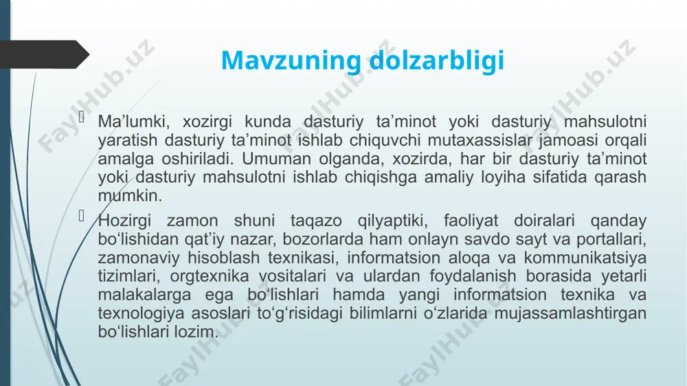h hozirgi kunning dolzarb muammolaridan biri hisoblanadi. bitiruv malakaviy ishining maqsadi it maxsulotlari onlayn bozori saytini ishlab chiqish. bitiruv malakaviy ishining vazifalari ushbu bitiruv malakaviy ishining maqsadidan kelib chiqqan holda quyidagi masalalarni echish rejalashtirildi: - it maxsulotlari onlayn bozori saytini ishlab chiqishning nazariy asoslari; - it maxsulotlari onlayn bozori saytini ishlab chiqish; - yaratilgan dasturiy ta’minotni tajriba-sinovdan o‘tkazish va amaliyotga qo‘llash. bitiruv malakaviy ishi ob’ekti ushbu ishni bajarishda it maxsulotlari onlayn bozori saytini ishlab chiqish hisoblanadi. bitiruv malakaviy ishining predmeti it maxsulotlari onlayn bozori saytini ishlab chiqish jarayoni. bitiruv malakaviy ishining tuzilishi kirish, to‘rtta bob, xulosa, 21 ta adabiyotlar ro‘yxatidan tashkil topgan. ish 68 bet mashina yozuvli matn, 53 ta rasm va 1 ta jadvaldan tarkib topgan. i bob. it maxsulotlari onlayn bozori saytini ishlab chiqishning nazariy asoslari 1.1. onlayn bozor tashkil qilish tamoillari 1.2. web texnologiyalarda html, css, bootstraf dasturlari tahlili xaridorning sayohati yangi texnologiyalarni integratsiyalash onlayn sotuvchilar rivojlanayotgan …
