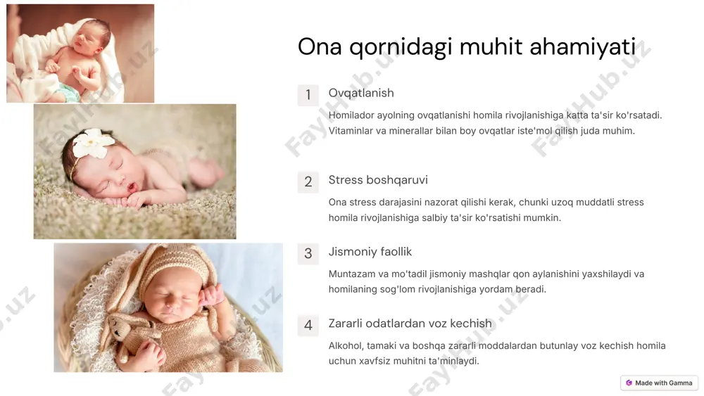 r bo'ladi. yangi aloqalar shakllanadi va kunduzi o'rganilgan ma'lumotlar mustahkamlanadi. jismoniy o'sish uyqu paytida o'sish gormoni ishlab chiqariladi, bu esa chaqaloqning jismoniy rivojlanishiga yordam beradi. immunitet kuchayishi yetarli uyqu chaqaloqning immunitet tizimini kuchaytiradi, bu esa turli kasalliklarga qarshi kurashish qobiliyatini oshiradi. hissiy muvozanat yaxshi uyqu chaqaloqning kayfiyatini yaxshilaydi va kunduzi faol bo'lishiga yordam beradi. 8 chaqaloq bilan muloqotning ahamiyati ko'z aloqasi ko'z aloqasi chaqaloq va ota-ona o'rtasidagi muloqotning eng muhim shakllaridan biri. bu ijtimoiy va hissiy rivojlanishga yordam beradi. og'zaki muloqot chaqaloq bilan gaplashish uning til qobiliyatlarini rivojlantiradi. sodda so'zlar va iboralarni takrorlash muhim. jismoniy aloqa teri-teriga tegish, quchoqlash va erkalash chaqaloqning hissiy xavfsizligini ta'minlaydi va stress darajasini pasaytiradi. 9 xulosa: har bir bosqich muhim 1 uzluksiz rivojlanish bola rivojlanishi - bu uzluksiz jarayon bo'lib, har bir bosqich keyingi bosqich uchun poydevor bo'lib xizmat qiladi. 2 individual yondashuv har bir bola o'ziga xos tarzda rivojlanadi. ota-onalar bu individualllikni hurmat qilishlari …