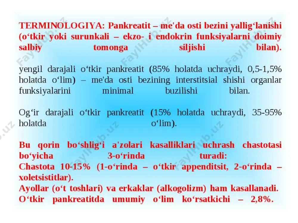 'da osti bezi inkretor yetishmovchiligini bartaraf qilish. xirurgik davolashning asosiy maqsadi - pankreatit shiraning me'da-ichak yo‘llariga oqib tushishi uchun optimal sharoitlar yaratishdan iborat. operatsiya vaktida me'da osti bezi, o‘t chiqaruvchi yo‘llar va o‘n ikki barmoq ichakni qunt bilan intraoperatsion taftish (reviziya) qilish zarur. shu maqsadda intraoperatsion xolegrafiya, exografiya va o‘t pufagini tekshirish amalga oshiriladi. operatsiya vaqtida bez yo‘liga duodenal so‘rg‘ich orqali kanyulya qo‘yish yordamida retrograd pankretografiya yoki bez yo‘lining kengaygan distal qismini bez to‘qimasi orqali punksiya qilinadi. pankreatik yo‘l oxirgi qismining unchalik katta bo‘lmagan strikturalarida transduodenal papillosfinkterotomiya bilan me'da osti bezi yo‘lini transpapillyar drenajlash tavsiya qilinadi. pankreatik yo‘lda katta strikturalar bo‘lganda bunday operatsiyani qilib bo‘lmaydi, bunda bez bag‘ri orqali uzunasiga kesilgan pankreatik yo‘l bilan ru bo‘yicha uzib qo‘yilgan och ichak qovuzlog‘i o‘rtasida anastomoz qo‘yish - bo‘ylama pankreatoeyunostomiya operatsiyasi eng maqsadga muvofiq, bo‘ladi. bez yo‘li boshchasi va tanasi soxasi anchagina torayganda bezning distal qismini rezeksiya qilish va uni ru bo‘yicha uzib …