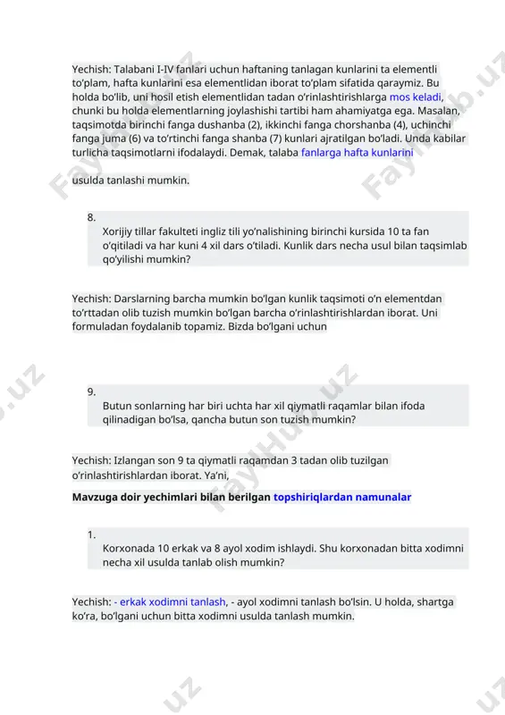 demak, ikkinchi yo’llanmani tarqatishlar soni ga teng bo’ladi. 3. qurilishda 10 ta suvoqchi va 8 ta bo’yoqchi ishlaydi. ulardan bir suvoqchi va bir bo’yoqchidan iborat juftlikni necha usulda tanlash mumkin? yechish: va bo’lgani uchun 4. nazoratchi korxonada ishlab chiqarilgan 5 ta maxsulot sifatini ketma-ket tekshirishi kerak. nazoratchi buni nechta usulda amalga oshirishi mumkin? yechish: bu 5 ta maxsulot sifatini ketma-ket tekshirishlar 5 tadan o’rinlashtirishlardan iborat. ya’ni, bo’ladi. 5. ishlab chiqarish korxonasini tekshirish uchun besh kishidan iborat guruh ajratildi. shu besh kishidan tarkibida uch kishi bo’lgan guruhni necha xil usulda tuzish mumkin. yechish: formuladan foydalanamiz. bizda bo’lgani uchun 6. tikuvchilik fabrikasida ishlayotgan xodimga haftaning ixtiyoriy ikki kunini dam olish uchun tanlash imkoni berildi. xodim dam olish kunlarini necha usulda tanlashi mumkin? yechish: hafta kunlarini elementli to’plam sifatida qarasak, dam olish kunlari kabi juftliklardan iborat bo’ladi. bunda va bitta variantni ifodalaydi. demak, dam olish kunlarini tanlash elementdan tadan kombinatsiyalarni tashkil etadi va …