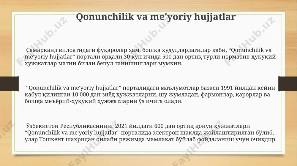 tarmoqlari keng tarqalgan bo'lib, jamoat joylarida bepul internetga kirish imkoniyatini 100 mingdan ziyod odamga taqdim etadi. ma'lumotlar xavfsizligi va himoyasi 2023-yil holatiga ko'ra, o'zbekistonning milliy axborot resurslarini himoya qilish uchun 50 dan ortiq maxsus dasturiy ta'minot va texnologiyalar qo'llanilmoqda, shu jumladan, toshkent shahridagi ma'lumotlar markazlarida joylashgan zahira tizimlari ham mavjud. kiberhujumlar soni 2022 yildan 2023 yilga qadar samarqand va buxoro viloyatlarida 15% ga oshgan bo'lib, bu milliy darajadagi kiberxavfsizlik strategiyasini takomillashtirish zaruratini ko'rsatadi. o'zbekistonning milliy axborot tizimlarini himoya qilish uchun 3 qatlamli xavfsizlik protokoli joriy etilgan, bu esa noqonuniy kirish harakatlarini 80% ga kamaytirishga yordam beradi. e'tiboringiz uchun rahmat @taqdimot_robot image3.png image4.png