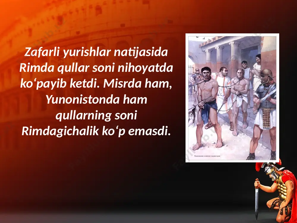 shu jangda halok bo‘ldi. spartakning halok bo‘lishi 6 mingdan ziyod asirlar rim-kapuya oralig‘idagi yo‘l bo‘ylaridagi xochlarga mixlab tashlandi. qo’zg’olon ko’targanlarning alohida to‘dalari esa, kurashni yana 10 yil davom ettirdilar. savol va topshiriqlar 1. rimda qullar soni kimlarning hisobiga ko‘paydi? 2. qullar, kolonlar va «kulbali qullar»ning mavqeyi bir-biridan qanday farqlanar edi? 3. rimliklar qullarga nisbatan qanday munosabatda bo’lishgan? 4. spartak boshchiligida qo’zg’olon ko’targan qullarning qo’zg‘olon joylari va yo‘nalishlarini xaritada ko‘rsating. 5. spartak qo’zg’oloni rim qullarining boshqa qo’zg’olonlaridan nimasi bilan farqlanadi? 6. rim gladiatoridan biri nomidan hikoya tuzing. 7. qo’zg’olon ko’targan qullar nega g‘alaba qozonolmadi? image2.jpg image3.jpeg image4.jpeg image5.jpeg image6.jpeg image7.jpeg image8.jpeg image9.jpeg image10.emf image11.jpeg image12.emf image13.jpeg image14.emf image15.jpeg image1.jpg