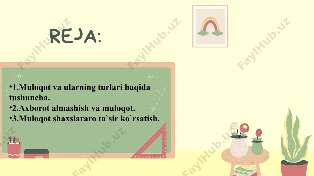 kib topadi yoki ta’limning yordamchi maxsuli sifatida yuz beradi. katta maktab yoshidagi o`quvchilar xulq - atvori qoidalariga bag`ishlangan ommabop adabiyotlarni o`qir ekan, muloqot madaniyatining ba’zi jihatlari bilan tanishadi. lekin muomala malakalarini maxsus o`rgatilishi alohida bir vazifa bo`lib pedagog uchun uning qanchalik muhim ekanligini trening, ya’ni muomalaning mashq qilinishi bu vazifaning hal etish yo`llaridan biri sifatida namoyon bo`ladi. sotsial psixologik trenining, ya’ni muomalaning mashq qilinishi bu vazifaning hal etish yo`llaridan biri sifatida namoyon bo`ladi. sotsial psixologik trenining mazmunan ikki xil vazifani: muomalaning va shu jumladan pedagogik muomalaning umumiy qonuniyatlarini. pedagogik kommunikatsiyaning texnologiyasini egallash, ya’ni professional pedagogik muomala va malakalari shakllanishini o`z ichiga oladi. thank you for your attention image1.png image2.png image3.png image4.png image5.png image6.png image7.png image8.png image9.png image10.png image11.png image12.png image13.png image14.png /docprops/thumbnail.jpeg