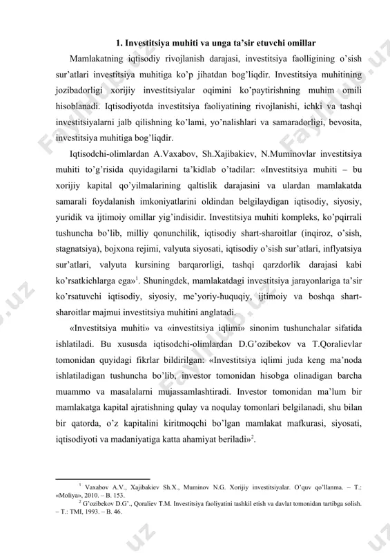 hlatiladigan tushuncha bo’lib, investor tomonidan hisobga olinadigan barcha muammo va masalalarni mujassamlashtiradi. investor tomonidan ma’lum bir mamlakatga kapital ajratishning qulay va noqulay tomonlari belgilanadi, shu bilan bir qatorda, o’z kapitalini kiritmoqchi bo’lgan mamlakat mafkurasi, siyosati, iqtisodiyoti va madaniyatiga katta ahamiyat beriladi» . investitsiya muhitining holatini investitsiya faoliyatini amalga oshirishning maqsadga muvofiqligi va jozibadorligini aniqlaydigan iqtisodiy, ijtimoiy, tashkiliy, huquqiy, siyosiy, ekologik va boshqa shart-sharoitlarning umumlashtiruvchi xususiyatlari belgilab beradi. investitsiya muhiti deganda, mamlakat iqtisodiyoti yoki uning ma’lum bir hududiga kiritiladigan investitsiyalarning samaradorligini va xavfsizligini ta’minlashga qaratilgan iqtisodiy, ijtimoiy, siyosiy, tashkiliy-huquqiy, ekologik, madaniy va boshqa shart-sharoitlar majmuasi tushuniladi. u muayyan hududga investitsiyalar kiritishning maqsadga muvofiqligi va jozibadorligini belgilaydigan shart-sharoitlarning mavjud ijobiy va salbiy tomonlarini anglatadi. investitsiya muhiti holati yaratilgan huquqiy baza va uning asoslari, qonun hujjatlarining sifatli tuzilishi va ularga rioya qilinishini talab etadi. investitsiyaviy jozibadorlik – mamlakat, tarmoq yoki alohida olingan biror-bir korxona investitsiyalarining daromadliligi, rivojlanish istiqbollari va investitsiya riski darajasi nuqtai …