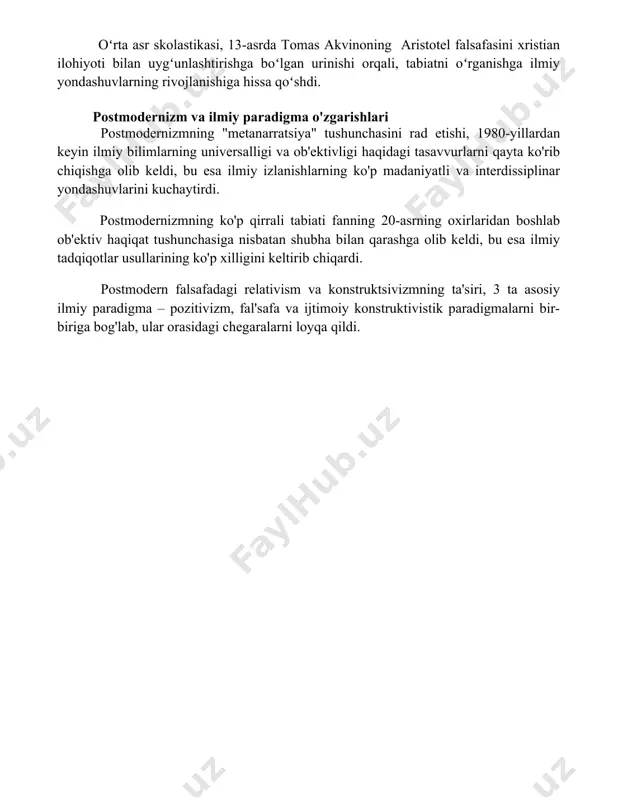 tmadi, balki uni kuzatish va tajriba natijalari bilan birlashtirdi. ratsionalizmning asosiy printsipi bo'lmish aql va mantiq orqali haqiqatni anglash, 17-asrda nyuton fizikasi kabi aniq fanlarning rivojlanishiga kuchli turtki bo'ldi, deduktiv metod esa nazariyalarni eksperimentlar bilan tekshirishga imkon berdi. o'rta asr skolastikasi va uning ilmiy taraqqiyotga ta'siri skolastik mutafakkirlarning mantiqiy va uslubiy yondashuvlari, 12-14-asrlar davomida universitetlarning rivojlanishi bilan birga, ilmiy tadqiqotlarning tizimlilashuviga taʼsir koʻrsatdi. oʻrta asr skolastikasining empirik kuzatishlarga qiziqishining kuchayishi, taxminan 15-asrda, tabiiy fanlarning mustaqil intizom sifatida shakllanishiga va keyingi ilmiy inqilobga zamin yaratdi. oʻrta asr skolastikasi, 13-asrda tomas akvinoning aristotel falsafasini xristian ilohiyoti bilan uygʻunlashtirishga boʻlgan urinishi orqali, tabiatni oʻrganishga ilmiy yondashuvlarning rivojlanishiga hissa qoʻshdi. postmodernizm va ilmiy paradigma o'zgarishlari postmodernizmning "metanarratsiya" tushunchasini rad etishi, 1980-yillardan keyin ilmiy bilimlarning universalligi va ob'ektivligi haqidagi tasavvurlarni qayta ko'rib chiqishga olib keldi, bu esa ilmiy izlanishlarning ko'p madaniyatli va interdissiplinar yondashuvlarini kuchaytirdi. postmodernizmning ko'p qirrali tabiati fanning 20-asrning oxirlaridan boshlab ob'ektiv haqiqat …