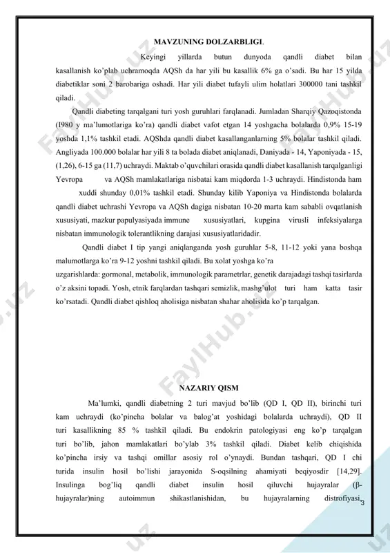 a genetik geterogenlik kuzatiladi, ya’ni kasallik turli gen guruhlari tomonidan chaqirilishi mumkin. 1-tip patologiyani aniqlashda laborator-klinik ko’rsatkich sifatida qonda me’da osti bezining β-hujayralariga antitanalarning aniqlanishi xizmat qiladi. nasldan-naslga o’tish xarakteri to’liq o’rganilmagan. diabetni patogenetik asoslari kasallik turiga bog’liq. bir-biridan tubdan farq qiluvchi ikki turi farqlanadi. zamonaviy endokrinologiya kasallikning tasniflanishini shartli deb atasa ham, uning har bir turida davolash strategiyasini belgilash muhim ahamiyatga ega. qandli diabet tanangizning qon shakarini (glyukoza) qanday ishlatishiga ta'sir qiladigan kasalliklar guruhini anglatadi. glyukoza sog'ligingiz uchun juda muhim, chunki u mushaklar va to'qimalarni tashkil etuvchi hujayralar uchun muhim energiya manbai. bu sizning miyangizning asosiy yoqilg'i manbai hamdir. qandli diabetning asosiy sababi turiga qarab farq qiladi. ammo, qandli diabetning qaysi turi bo'lishidan qat'i nazar, bu sizning qoningizda ortiqcha shakarga olib kelishi mumkin. qondagi shakarning ko'pligi jiddiy sog'liq muammolariga olib kelishi mumkin. surunkali diabet kasalliklariga 1-toifa diabet va 2-toifa diabet kiradi. qayta tiklanadigan diabet kasalliklariga prediabet va homiladorlik diabeti …