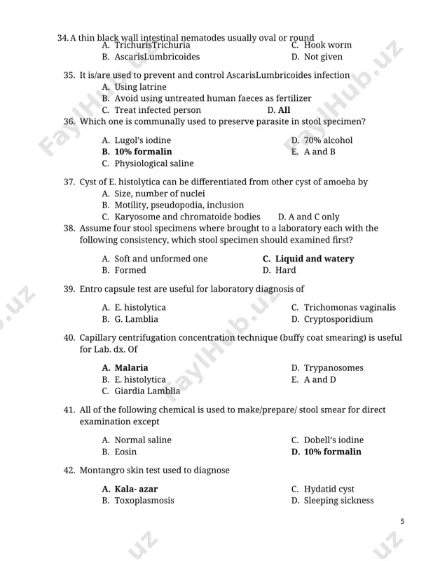 ng is less effective on schistosoma diagnosis from stool. a. formal ether concentration technique b. zinc flotation technique c. formal detergent technique d. none 2. introduction to med lab ____52. which one of the following is true about handling of medical waste? a. it should be placed in a leak proof containers and sharp safe container b. it can be disposed any where c. it should be handled only by those who trained d. both a &c ___53. accidents in the laboratory may occur due a. 26 b. use of defective equipment c. lack of skill or knowledge d. carelessness and neglect e. all ___54. one of the following is not way of preventing lab-acquired infections a. handling specimens with care b. mouth-pipetting c. immunized against highly infections pathogens d. none ___55 accidents involving labequipments are due to a. b. incorrect positioning c. inappropriate installation d. incorrect utilization e. all …