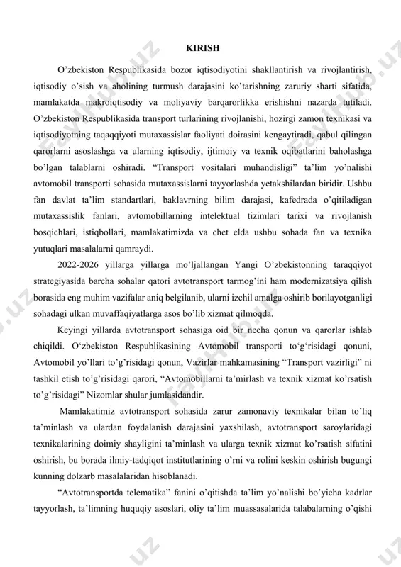 qo‘mitasi ma’lumotlariga ko’ra, o‘zbekiston respublikasida har 1000 nafar doimiy aholiga o‘rtacha 87 ta yengil avtomobil to‘g‘ri kelmoqda. bu ko‘rsatkich 2021 yilning mos davriga nisbatan 6 taga oshgan. 2022 yilning 1 yanvar holatiga mdh davlatlarida har 1000 nafar doimiy aholiga o‘rtacha to‘g‘ri keladigan yengil avtomobillar soni: rossiya – 328 ta; belarus r. – 324 ta; qozog‘iston – 189 ta; qirg‘iziston – 161 ta; ozarboyjon – 128 ta; tojikiston – 46 tani tashkil etadi. avtomobillashtirish asosan katta shaharlarda to’g’ri keladi. avtomobillashtirishning salbiy tomonlariga atrof-muhitga ta’siri hamda yo’l transport hodisalarini ortishi hisoblanadi. ushbu salbiy oqibatlarni kamaytirishda telematik tizimlardan foydalanish muhim ahamiyatga ega hisoblanadi. so’nggi yillarda yirik va katta shaharlarda asosiy muammo yo’llardagi tirbandliklar hisoblanadi. bularni bartaraf etishda jamoat transportini rivojlantirish, yangi avtomagistrallarini qurish, mavjudlarini rekonstruksiya qilishni jadallashtirish shuninigdek harakatni boshqarishni eng yangi telematik tizimlarni joriy etish orqali bartaraf etish mumkin. mazkur o’quv qo’llanma transport telematikasida qo’llaniladigan uslub va vositalaridan foydalanish bo’yicha asosiy qoidalarni …