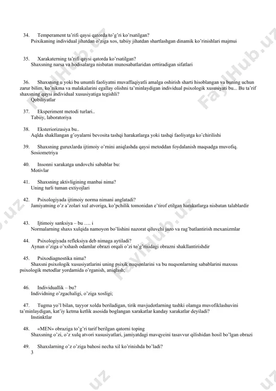ri 36. shaxsning u yoki bu unumli faoliyatni muvaffaqiyatli amalga oshirish sharti hisoblangan va buning uchun zarur bilim, ko’nikma va malakalarini egallay olishni ta’minlaydigan individual psixologik xususiyati bu... bu ta’rif shaxsning qaysi individual xususiyatiga tegishli? qobiliyatlar 37. eksperiment metodi turlari.. tabiiy, laboratoriya 38. eksteriorizasiya bu.. aqlda shakllangan g’oyalarni bevosita tashqi harakatlarga yoki tashqi faoliyatga ko’chirilishi 39. shaxsning guruxlarda ijtimoiy o’rnini aniqlashda qaysi metoddan foydalanish maqsadga muvofiq. sosiometriya 40. insonni xarakatga undovchi sabablar bu: motivlar 41. shaxsning aktivligining manbai nima? uning turli tuman extiyojlari 42. psixologiyada ijtimoiy norma nimani anglatadi? jamiyatning o’z a’zolari xul atvoriga, ko’pchilik tomonidan e’tirof etilgan harakatlarga nisbatan talablardir 43. ijtimoiy sanksiya – bu …. i normalarning shaxs xulqida namoyon bo’lishini nazorat qiluvchi jazo va rag’batlantirish mexanizmlar 44. psixologiyada refleksiya deb nimaga aytiladi? aynan o’ziga o’xshash odamlar obrazi orqali o’zi to’g’risidagi obrazni shakllantirishdir 45. psixodiagnostika nima? shaxsni psixologik xususiyatlarini uning psixik nuqsonlarini va bu nuqsonlarning sabablarini maxsus psixologik …