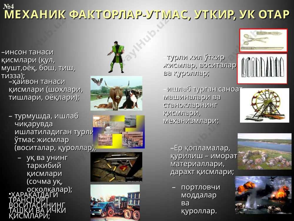 слуби; гистологик услуб; рангли босмали услуб; инфрақизил ёки ультрабинафша нурлар билан текшириш; №21 шилинма ва унинг битиш муддати шилинма – бу терининг сурғичсимон қаватига қадар бўлган қисмларининг юзаки шикастланишидир. битиш муддати: 0-1 сутка дастлабки босқич (пўстлоқ ҳосил бўлишигача); 1-4 сутка – пўстлоқ ҳосил бўлиш босқичи; 4-9 сутка-битиш босқичи, пўстлоқ тушиши; 9-12 сутка-шилинма доғи босқичи; тана орқасида ва оёқларда чуқур шилинмалар битиши 18-20 кунни ташкил қилади; №22 конталаш ва унинг битиш муддати битиш муддати: дастлабки соатларда-қизамтир бинафша ранг (окси-гемоглобин); 1-2 сутка-кўкимтир-бинафша ранг (қайтган гемоглобин); 3-4 сутка-яшил ранг (вердогемохромоген); 5-6 сутка- сариқ ранг (биливердин-билирубин); 6-8 сутка-четида ғубор-сарғиш ранг марказида кўкимтир бинафша ранг; 2 ҳафта-чуқур ва катта ўлчамли бўлмаган қонталаш йўқолади; қонталаш – бу тери ости қаватига қоннинг шимилиши билан тавсифланувчи қон қуйилишлардир. №23 яраларнинг битиш муддати 4-6 соат лейкоцитлар эмиграцияси, стаз, тромбоз, макрофаг реакцияси; 12-15 соат тўқимада митоз ҳолати; 1-сутка охирида яралар қирғоғида эпителий регенерацияси; 3-сутка грануляцион тўқима ҳосил бўлиши; 1 ҳафта-коллоид …