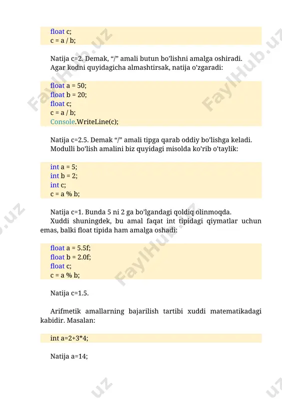 ni bir vaqtning o’zida bir qancha o’zgaruvchiga ta’minlash ham mumkin. masalan: int a; int b; int c; a = b = c = 2; umuman olganda, ta’minlash operatorining umumiy ko’rinishi quyidagi bo’ladi. quyidagi jadvalda ta’minlash operatorlardan foydalanib turli xil amallar bajarilgan: 2.5-jadval. ta’minlash operatorining ishlatilishi operator ko’rinishi ekvivalent amal izoh a += b a = a + b a ni b ga qo’shish, natija a ga yoziladi a -= b a = a - b a dan b ni ayirish, natija a ga yoziladi a *= b a = a * b a ni b ga ko’paytirish, natija a ga yoziladi a /= b a = a / b b ni a ga bo’lish, natija a ga yoziladi a %=b a = a % b b ni a ga bo’lgandagi qoldiq, natija a ga yoziladi inkrement va dekrement operatorlari c# tilida bir argument oluvchi inkrement (++) va dekrement (--) operatorlari …