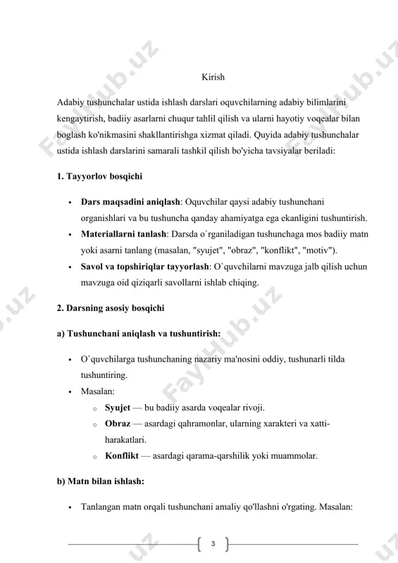 ahramon qanday qiyinchiliklarga duch keldi? · asarning oxiri sizga yoqdimi? · munozara: · asardagi qahramonlarning xatti-harakatlarini muhokama qilish. masalan: "siz shu vaziyatda nima qilgan bo‘lardingiz?" c) tasviriy faoliyat: · o‘quvchilardan o‘qilgan hikoyaning asosiy voqealarini chizib berishlarini yoki ertakni davom ettirib yozishlarini so‘rang. 3. ijodiy topshiriqlar bosqichi · qahramonni yaratish: o‘quvchilarga asarga yangi qahramon qo‘shib, u haqida kichik hikoya yozdiring. · ertakni davom ettirish: bolalardan asarning o‘z yakunini yozishni yoki ertakni o‘zgartirishni so‘rang. · rolli o‘yinlar: o‘quvchilar bilan birgalikda hikoyadagi voqeani sahnalashtirish orqali ularda badiiy obrazlarni tushunish ko‘nikmasini shakllantiring. 4. darsni mustahkamlash · asar mazmuni bo‘yicha kichik test yoki savol-javob tashkil qiling. · o‘quvchilardan o‘zlariga eng yoqqan qismni aytib berishlarini so‘rang. · asardagi xulosa yoki axloqiy darsni muhokama qiling. maslahatlar: · bolalar bilan ishlaganda ular uchun qiziqarli va yorqin misollar keltiring. · ularning his-tuyg‘ularini tushunib, asarni hayotiy voqealar bilan bog‘lashga harakat qiling. · har bir o‘quvchini dars jarayoniga faol jalb qilish …