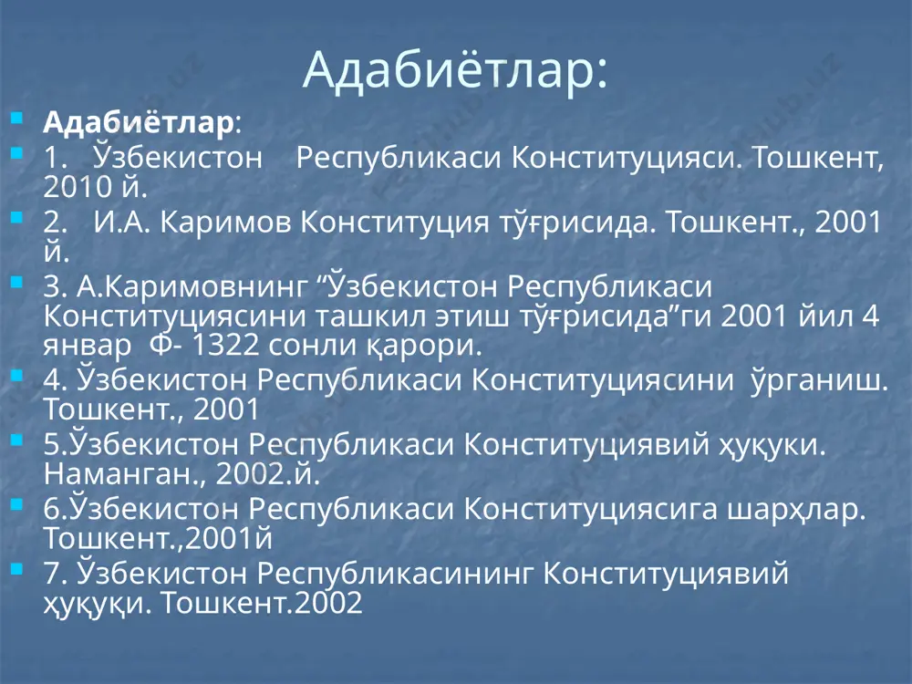 адилар. суд томонидан муомалага лаёқатсиз деб топилган фуқаролар суд ҳукми билан озодликдан маҳрум этиш жойларида сақланаётган шахслар сайланиши мумкин эмас ва сайловда қатнашмайдилар. бошқа ҳар қандай ҳолларда фуқароларнинг сайлов ҳуқуқларини тўғридан-тўғри ёки билвосита чеклашга йўл қўйилмайди. ўз.р-си фуқароси бир вақтнинг ўзида иккидан ортиқ давлат ҳокимияти вакиллик органининг депутати бўлиши мумкин эмас. сайлов ўтказиш тартиби қонун билан белгиланади. 122-модда. ўз.р-си ўз молия ва пул-кредит тизимига эга. ўз.нинг давлат бюджети р-ка бюджетидан, қорақалпоғистон р-си бюджетидан маҳаллий бюджетлардан иборат. 123-модда. ўз.р-си ҳудудида ягона солиқ тизими амал қилади. солиқлар жорий қилишга фақат ўзбекистон республикасининг олий мажлиси ҳақли. 124-модда. ўзбекистон республикасининг банк тизимини республика марказий банки бошқаради. 125-модда. ўз.р-си қуролли кучлари ўз.р-нинг давлат суверенитетини ва ҳудудий яхлитлигини, аҳолининг тинч ҳаёти хавфсизлигини ҳимоя қилиш учун тузилади. қуролли кучларнинг тузилиши ва уларни ташкил этиш қонун билан белгиланади. 126-модда. ўзбекистон республикаси ўз хавфсизлигини таъминлаш учун етарли даражада қуролли кучларига эга. 127-модда. ўз.р-нинг конституциясига ўзгартиришлар тегишинча ўз.р-си олий мажлисининг …