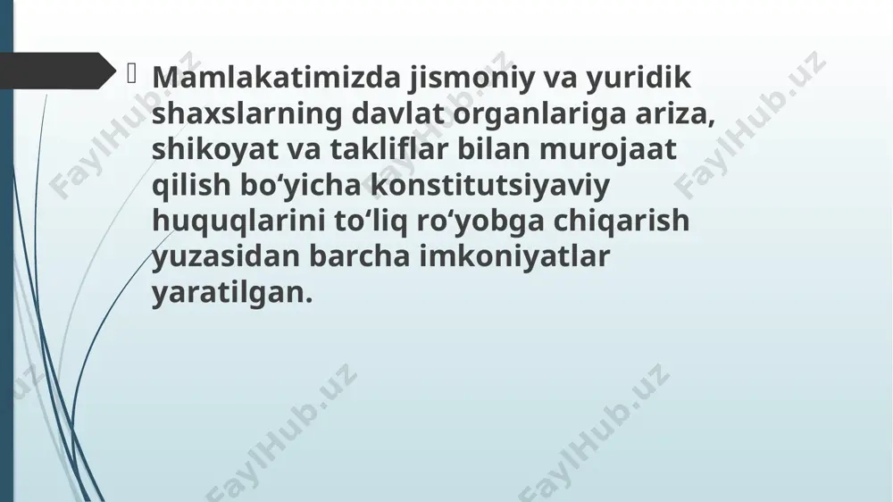 i talqinida davlat organlarining murojaatlar bilan ishlash sohasidagi faoliyati, ijobiy hal etilgan masalalar, virtual qabulxona va xalq qabulxonalari to‘g‘risidagi yangiliklar bilan yanada kengroq tanishish imkoniyati yaratildi. portalga kelib tushgan va ko‘rib chiqilgan murojaatlarning umumiy sonini, statistik ma’lumotlarni real vaqt rejimida kuzatish imkoniyati mavjud. bir so‘z bilan aytganda, virtual qabulxonaning yangi talqini jismoniy va yuridik shaxslarga samarali axborot, interaktiv xizmatlarni taqdim etish bilan birga, fuqarolarning davlat organlari bilan hamkorlik mexanizmlaridan foydalanish imkoniyati va qulayligi darajasi oshishiga xizmat qiladi. respublikamiz birinchi prezidentining 2002 – yil 30 – maydagi ― “kompyuterlashtirish va axborot texnologiyalarini rivojlantirish to‘g‘risida”gi farmoni, vazirlar mahkamasining 2001 – yil 23 – maydagi ― “internetning xalqaro axborot tizimlariga keng kirib borishini ta‘minlash dasturini ishlab chiqishni tashkil etish chora tadbirlari to‘g‘risida” gi qarori, 2015-yil 9-dekabrdagi “elektron hukumat to‘g‘risida”gi qonuni va korxonalarni modernizatsiya qilish texnik va texnologik qayta jihozlashni yanada jadallashtirish, zamonaviy, moslashuvchan texnologiyalarni keng joriy etishdan ko‘rinib turibdiki hozirgi kunda fuqarolarimizning internetdan …