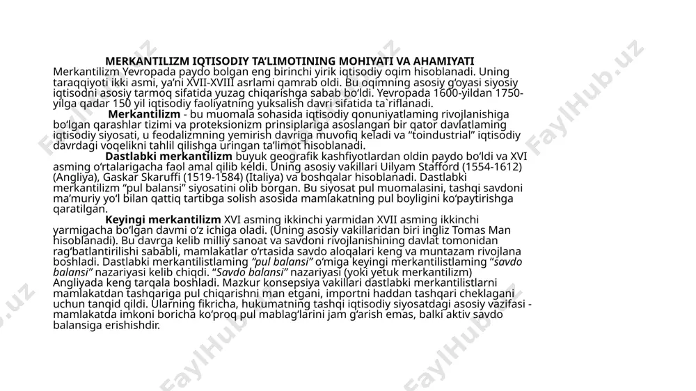 roli lyudovik xiv saroyida moliya superintendanti (vaziri) vazifasida ishlagan va faol proteksionistik siyosatni olib borgan. keyinchalik j.b.kolber olib borgan iqtisodiy siyosat va fransuz merkantilizmi kolbertizm deb atala boshladi . tomas man (1571-1641) 1630-yilda “angliyaning tashqi savdodagi boyligi yoki boylikni tartiblash sifatidagi tashqi savdo balansi” asarini yozdi. unda muallif pul muomalasini qat’iy tartibga solish zararli ekanligini, pul foyda keltirishi uchun doimo harakatda boiishini, pulning chetga erkin chiqarilishi kerakligini, busiz tashqi savdoni risolidagidek rivojlantirib bo‘lmasligini qayd qilib o‘tadi. keyingi merkantilizm vakillaridan biri shotlandiyalik jon lo (1671-1729) hisoblanadi. j.lo kredit-bank tizimi, shuningdek, qog‘oz-pul muomalasi va birja chayqovchiligi asoschilardan biri hisoblanadi. image1.jpg /docprops/thumbnail.jpeg