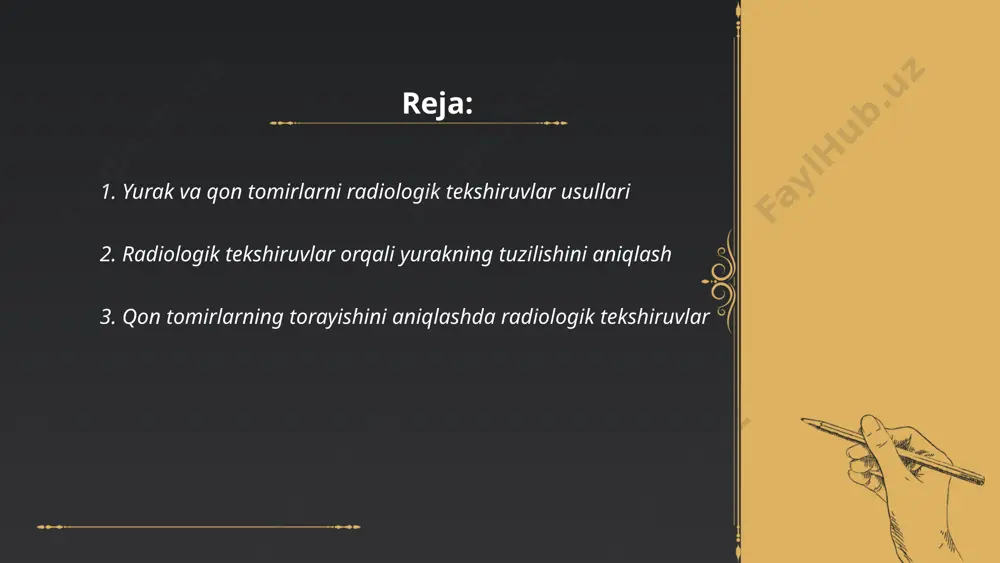 usullar yordamida shifokorlar tibbiy qarorlar qabul qilishda aniq ma'lumotlarga ega bo'lishadi. shu bilan birga, e'tiborga olish kerakki, radiatsiya darajasi minimal bo'lsa-da, kt bilan tekshirishda ehtiyot bo'lish lozim. ... t.me/slaydai_bot tomirlarning torayishini aniqlashda radiologik tekshiruvlar muhim ahamiyatga ega. ular orasida eng ko‘p qo‘llaniladigan usullar biri - angiografiya. bu usul orqali kontrast moddalar tomirlarga yuborilib, rentgen yordamida tasvirlar olinadi. shuningdek, kompyuter tomografiya angiografiyasi (cta) va magnit-rezonans angiografiyasi (mra) yordamida tomirlarning holati va torayish darajasi aniq ko‘riladi. ushbu tekshiruvlar orqali torayish darajasi va tomirda hosil bo'lgan tiqilishlar aniqlanishi, shuningdek, davolash rejasi tuzish uchun aniq ma’lumotlar olish mumkin. bunday tekshiruvlar yurak-qon tomir kasalliklarining diagnostikasi uchun juda muhimdir. ... t.me/slaydai_bot 4. kompyuter tomografiyasi yordamida qon tomirlarni tahlil qilish kompyuter tomografiyasi (kt) yordamida qon tomirlarni tahlil qilish texnologiyasi angiografiya deb ataladi. bu usul tomirlarni kontrast modda yordamida aniqlab, ularning tuzilishi, hajmi va o'tkazuvchanligini ko'rsatadi. kt angiografiyada tomir ichki qismi 3d formatda tasvirlanadi, bu esa kasalliklarni aniqlashda …