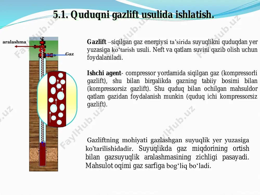 energiyasi turiga ko‘ra  kompressorli;  kompresorsiz.  4. qo‘llanilayotgan chuqurlik jixozlari bo‘yicha pakersiz tizim; pakerli tizim; ishga tushirish va ishchi klapanli tizim; gaz ko‘targichga nkq boshmog‘i orqali kiritiladigan tizim (ishga tushirish va ishchi klapanlarsiz tizim).  а — bir qatorl ko‘targichli;  б — ikki qator ko‘targichli;  в — bir yarim qator ko‘targichli;  г — pakerli va aylanib o‘tadigan klapanli bir qator ko‘targichli;  д — yig‘uvchi kamerali ikki qator ko‘targichli;  е — ko‘targichda qo‘shimcha teskari klapanli yig‘uvchi kamerali ikki qator ko‘targichli;  ж — — pakerli va aylanib o‘tadigan klapanli bir qatorl ko‘targichli ;  1 — mustahkamlovchi tizma;  2 — ko‘targich;  3 -nkq;  4 — dumcha;  5 — aylanib o‘tadigan klapan;  6 — paker;  7 — teskari klapan(quduqni to‘xtatuvchi);  8 — yig‘uvchi kamera;  9 — ko‘targichdagi teskari klapan bir qator ko‘targich  narmol sharoitda quduqlarni ishlatishda …