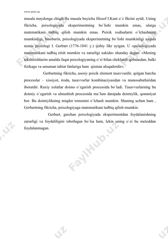 izik fexner (1801-1887 y.)lar amalga oshirdilar. veber va fexnerlarning maqsadi tashqi ta`sirotlar (fizik omillar) va ularning muvofiqi – sezgilarning o`zaro munosabatlari soxasidagi qonuniyatlarni topishdan iborat edi. fexner eksperimental metodlar asosida sezgilarning ortib borishi bilan ularni kuzgatuvchi ta`sirotlar o`rtasidagi qiyosiy munosabatni aniqlab, sezgi qo`zg`atkich logarifmasiga proporcionaldir degan psixo-fizik qonunni kashf etdi. veber va fexnerlar o`tkazgan tajribalar «psixofizika» degan aloxida fanning paydo bulishiga olib keldi. veber va fexner ishlarining aham iyati, asosan, shundan iboratki, ular birinchi bo`lib psixologiyani, tabiat fanlari singari, eksperimental fanga aylantirish mumkin ekanligini isbotladilar. shu vaqtgacha faqat kuzatish, asosan, o`z-o`zini kuzatishdan foydalanib kelinayotgan psixologiya endi aniq fanlardagi ob`ektiv metoddan foydalana boshlaydi. v. vundt eksperimental psixologiya taraqqiyotida ayniqsa nemis fiziologi va psixologi vilgelm vundt (1832-1920 y.)ning ishlari katta aham iyatga ega bo`ldi. vundtgacha faqat ichki tajribadan va oz-o`zini kuzatishdan foydalanib kelgan psixologiya faqatgina tasviriy fan edi. vundt eksperiment va o`lchash metodlarini zarur deb topib, psixologiyani izohli fanga aylantirishni maqsad qilib …