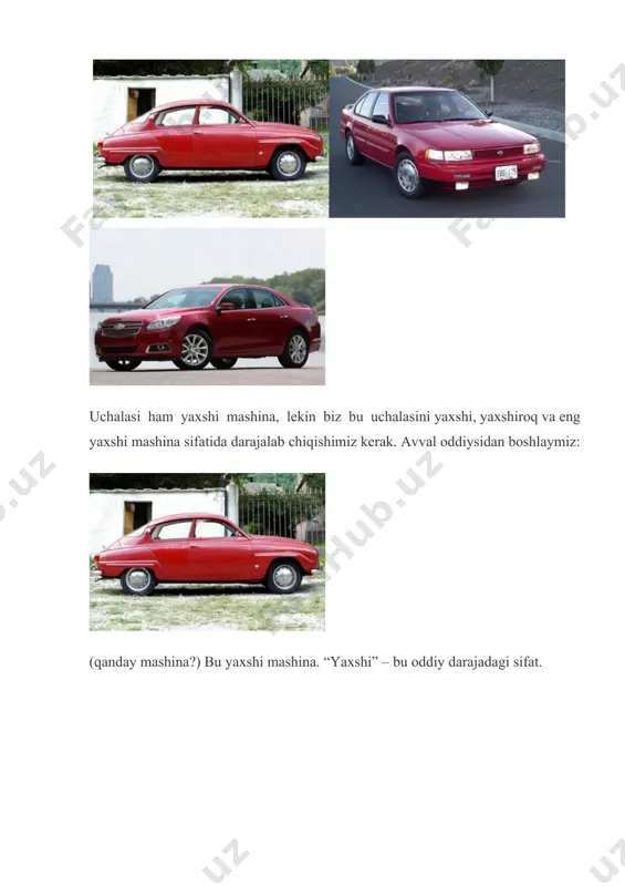 lan: small car – kichik mashina. big garden – katta bog’. strong man – kuchli odam. 2. bir bo’g’inli sifatlarning qiyosiy darajasida sifatga “-er” qo’shimchasi qo’shiladi. bu qo’shimcha o’zbek tilidagi “-roq” qo’shimchasiga to’g’ri keladi. masalan: smaller car – kichikroq mashina. bigger garden – kattaroq bog’. stronger man – kuchliroq odam. 3. bir bo’g’inli sifatlarning orttirma darajasini yasash uchun sifatga “-est” qo’shimchasi qo’shiladi va har doim ottirma darajadagi sifatdan oldin “the” aniq artikli qo’yiladi. ingliz tilidagi “-est” qo’shimchasi o’zbek tilidagi “eng” so’ziga to’g’ri keladi. masalan: the smallest car – eng kichik mashina. the biggest garden – eng katta bog’. the strongest man – eng kuchli odam. ko’p bo’g’inli sifatlarning darajalanishi 1. ko’p bo’g’inli sifatlarning oddiy darajasida sifatga hech qanday qo’shimcha qo’shilmaydi, sifatning o’zi yoziladi. masalan: important subject – muhim fan. beautiful girl – chiroyli qiz. difficult task – qiyin vazifa. 2. ko’p bo’g’inli sifatlarning qiyosiy darajasini yasash uchun ko’p bo’g’inli sifatdan …