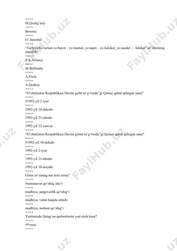 abatda boʻlish ta’minlanadi…» ushbu fikrlar «davlat tili toʻgʻrisida»gi qonunning nechanchi moddasida berilgan? ==== #4-modda ==== 5-modda ==== 1-modda ==== 6-modda ++++ davlatimiz rahbarining “о’zbek tilining davlat tili sifatidagi nufuzi va mavqeyini tubdan oshirish chora-tadbirlari tо’g‘risida”gi farmoni qachon imzolangan? ==== #2019-yil 21-oktabr ==== 2018-yil 21-oktabr ==== 2017-yil 21-oktabr ==== 2020-yil 21-oktabr ++++ "davlat tili haqida"gi qonun nechta moddadan iborat? ==== #24 modda ==== 22 modda ==== 30 modda ==== 26 modda ++++ reportaj bu… ==== #oav sodir bo‘layotgan voqea-hodisalardan olib beriladigan mahalliy mavzulardagi xabar, maqola. ==== tahririyat tarkibida jurnalist sifatida xizmat qiluvchi xodim. ==== muxbir, reportyor (axborot-yangiliklar xizmati xodimi) va sharhlovchiga teleoperator, produser va boshqa texnik xodimlari yordam berishi mumkin. ==== qisqacha chiqish ++++ qaysi sanada o‘zbekiston respublikasi oliy kengashi “lotin yozuviga asoslangan o‘zbek alifbosini joriy etish to‘g‘risida”gi qonunni qabul qildi? ==== #1993-yil 2-sentabrda ==== 1993-yil 5-sentabrda ==== 1993-yil 24-sentabrda ==== 1993-yil 9-sentabrda ++++ adabiy til meyorlariga amal qilinmagan holda yozilgan …