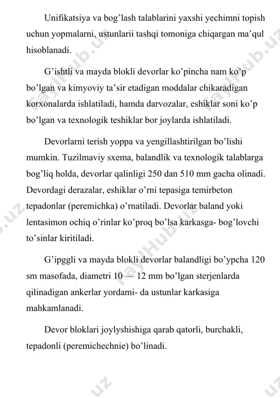 antlar a — lentasimon oyna o’rnatilganda, b — shuni o’zi, yoppasiga, v-d — alohida o’rinli: i — o’lchami 1,2 x 6 m li yog’och deraza panellari,1, 8 x 6m quvurdan qilingan deraza panellari, 3 — shuni o’zi, egiladigan profillardan, 4 — 1,2 (1,8) x 4,5 m li yog’och tavaqali bloklar, 5 — 1,2 (1,8) x z m yog’och deraza panellari osma panel devorlarni ustunga boltlar yordamida, anker yordamida, changak yordamida va ilmoqlar yordamida mahkamlanadi. uzaro panellar sterjenlar yordamida birlashtiriladi. rasm 2.a - bo’ylama devor qirqimi, b — burchak panelli yon faxverk ustunlarga mahkamlash v — parapet panelini bino yon devoriga mahkamlash; 1 — poydevor to’sini, 2 — temir tayanch stolchasi, 3 — yengil betonli panel, 4 — mahkamlovchi element, 5 — yopmaning yuk ko’taruvchi tuzilmasi, 6 — kranosti to’sini, 7 — ustun, 8 — himoya katlam, 9 - qum, 10 — yordamchi blok, 11 — o’rta qatlam (70 x 6 …