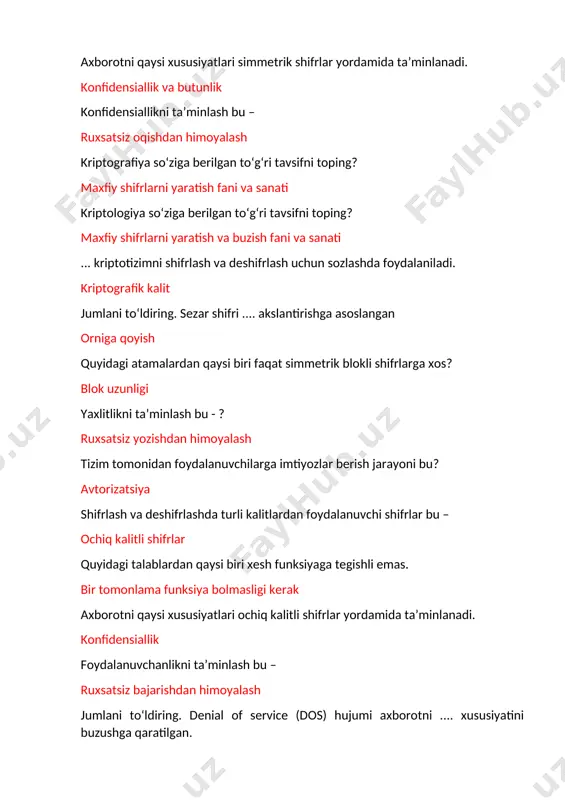 bu – ochiq kalitli shifrlar quyidagi talablardan qaysi biri xesh funksiyaga tegishli emas. bir tomonlama funksiya bolmasligi kerak axborotni qaysi xususiyatlari ochiq kalitli shifrlar yordamida ta’minlanadi. konfidensiallik foydalanuvchanlikni ta’minlash bu – ruxsatsiz bajarishdan himoyalash jumlani to‘ldiring. denial of service (dos) hujumi axborotni .... xususiyatini buzushga qaratilgan. foydalanuvchanlik jumlani to‘ldiring. ... sohasi tashkil etuvchilar xavfsizligi, aloqa xavfsizligi va dasturiy ta’minotlar xavfsizligidan iborat. tizim xavfsizligi axborotni foydalanuvchiga qulay tarzda taqdim etish uchun ..... amalga oshiriladi. kodlash rad etishdan himoyalashda ochiq kalitli kriptotizimlarning qaysi xususiyati muhim hisoblanadi. ikkita kalitdan foydalanilgani ma’lumotni mavjudligini yashirishda ... steganografik algoritmdan foydalaniladi ma’lumotni shifrlash va deshifrlashda yagona kalitdan foydalanuvchi tizim bu – simmetrik kriptotizm quyidagi xususiyatlardan qaysi biri elektron raqamli imzo tomonidan ta’minlanadi? axborot butunligi va rad etishdan himoyalash xesh funksiyalar - .... funksiya. kalitsiz kriptografik jumlani to‘ldiring. tizimli fikrlash ... uchun kerak kafolatlangan amallarni ta’minlash foydalanuvchini haqiqiyligini tekshirish jarayoni bu? autenfikatsiya axborot xavfsizligida risk bu? manbaga zarar …