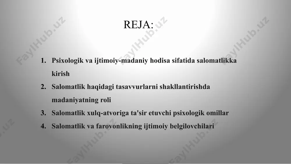 ehtiyojlarini qondirish uchun juda muhimdir. salomatlik xulq-atvoriga ta'sir etuvchi psixologik omillar salomatlik nafaqat jismoniy holat, balki psixologik va ijtimoiy-madaniy omillarga ham ta'sir qiladi. bizning xulq-atvorimiz, e'tiqodimiz va munosabatimiz umumiy farovonlikni saqlashda hal qiluvchi rol o'ynaydi. stress, tashvish va motivatsiya kabi psixologik omillar bizning salomatligimizga katta ta'sir ko'rsatishi mumkin. ushbu omillarni tushunish sog'lom odatlar va turmush tarzini tanlashga yordam beradi. bundan tashqari, oila dinamikasi, jamoa normalari va ijtimoiy bosim kabi ijtimoiy-madaniy ta'sirlar ham bizning sog'liq xatti-harakatlarimizni shakllantiradi. farovonlikni oshirishga yaxlit yondashuv uchun ushbu jihatlarni hisobga olish muhimdir. ruhiy holatning jismoniy salomatlikka ta’siri katta. stress, depressiya va boshqa ruhiy muammolar inson immunitetini zaiflashtirishi mumkin. 1 3 2 stress va immunitet: uzoq davom etgan stress holati kortizol gormonining ko‘payishiga olib keladi, bu esa immunitet tizimini zaiflashtiradi va kasalliklarga moyillikni oshiradi. depressiya va yurak kasalliklari: tadqiqotlar shuni ko‘rsatadiki, depressiya yurak qon-tomir kasalliklari xavfini oshirishi mumkin. psixosomatik kasalliklar: ichki tashvish va ruhiy bosim ba’zan jismoniy …