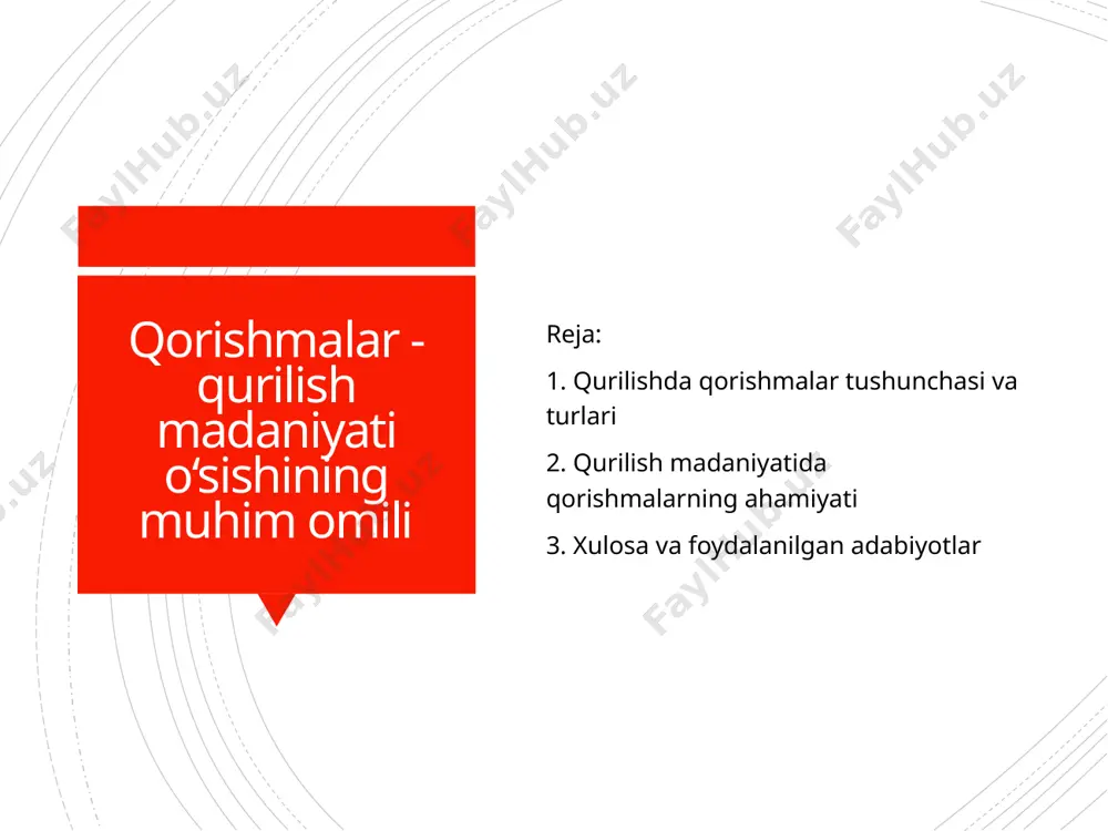 zoq muddatli xizmatni ta’minlaydi. qorishmalar devor, pol, tom, pardozlash va ta’mirlash ishlarida keng qo‘llaniladi. qorishmalarning turlari sement qorishmalari – yuqori mustahkamlik talab qilinadigan joylarda. ohak qorishmalari – devor o‘rash va pardozlashda. gips qorishmalari – tez qotadigan joylarda, ichki pardozlashda. aralash qorishmalar – ikki yoki undan ortiq bog‘lovchilar asosida tayyorlanadi. qorishmalarning qurilishdagi amaliy ahamiyati qorishmalar: binolarning mustahkamligini ta’minlaydi. qurilish texnologiyasini soddalashtiradi. issiqlik va tovush izolyatsiyasini kuchaytiradi. estetik ko‘rinishni oshiradi (shtukaturka, bezak ishlari). qorishmalarning sifatini nazorat qilish va istiqbollari qorishmalarning sifatini nazorat qilish – qurilishning ishonchliligini ta’minlashning asosiy shartidir. laboratoriyada mustahkamlik, zichlik, suv o‘tkazuvchanlik kabi ko‘rsatkichlar tekshiriladi. kelajakda ekologik toza, energiya tejamkor va tez qotadigan qorishmalar ishlab chiqarish rivojlanib bormoqda. xulosa • qorishmalar qurilish madaniyati rivojining muhim omili hisoblanadi. • ular qurilish sifatini oshiradi, iqtisodiy samaradorlikni ta’minlaydi. • innovatsion qorishmalar esa kelajak qurilish texnologiyalarining asosiy yo‘nalishidir. foydalanilgan adabiyotlar 1. karimov a., qurilish materiallari va qorishmalar, toshkent: o‘quv qo‘llanma, 2019. 2. xolmurodov sh., …