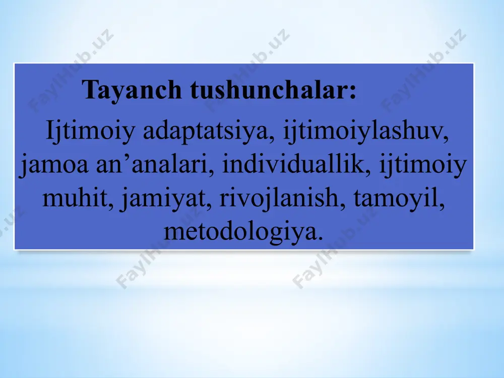 amiyatga “kirish” jarayoni, uning muayyan ijtimoiy tajribani qoʼlga kiritishi (bilim, qadriyat, yurish-turish qoidalari va boshqalar) ijtimoiylashuv deyiladi. umumiy pedagogikaning oʼziga xos vazifasi taʼlim-tarbiyadir. bola va bolalikni himoya qilish ijtimoiy pedagogikaning asosiy vazifalaridan hisoblanadi. ijtimoiy pedagogikaga bola ijtimoiylashuvi qonuniyatlarini oʼrganadigan, mutaxassislarni ijtimoiy tarbiya va taʼlim usullari hamda texnologiyalar bilan taʼminlaydigan fan sifatida taʼrif bersak ham boʼladi ijtimoiy tarbiya metodikasi ijtimoiy tarbiyani maqsadga muvofiq tashkil qilishning yangi usullari va metodlarini ishlab chiqadi. ijtimoiy tarbiya psixologiyasi guruh va insonlarning ijtimoiy psixologik tavsiflari, ularning turli yoshlardagi xususiyatlari asosida ijtimoiy tarbiya subʼektlarining oʼzaro munosabati samaradorligining psixologik sharoitlarini aniqlaydi. ijtimoiy pedagogika fan sohasi sifatida bir qator vazifalarga ega. а.v.mudrik bu vazifalarni 3 guruhga ajratib koʼrsatadi: -nazariy, -amaliy -insonparvarlikka oid 1. nazariy vazifa ijtimoiy pedagogika oid bilimlarni toʼplab zamonaviy jamiyatda oʼrganayotgan jarayon va hodisalarining toʼliq tasvirini nazariy jihatdan yoritib berishda namoyon boʼladi. 2.аmaliy vazifalarga ijtimoiy pedagogikaning ijtimoiylashuviga tashkiliy-pedagogik psixologik yoʼnalishlardagi taʼsirini samarali takomillashtirish ishlarini aniqlash bilan bogʼliq. …