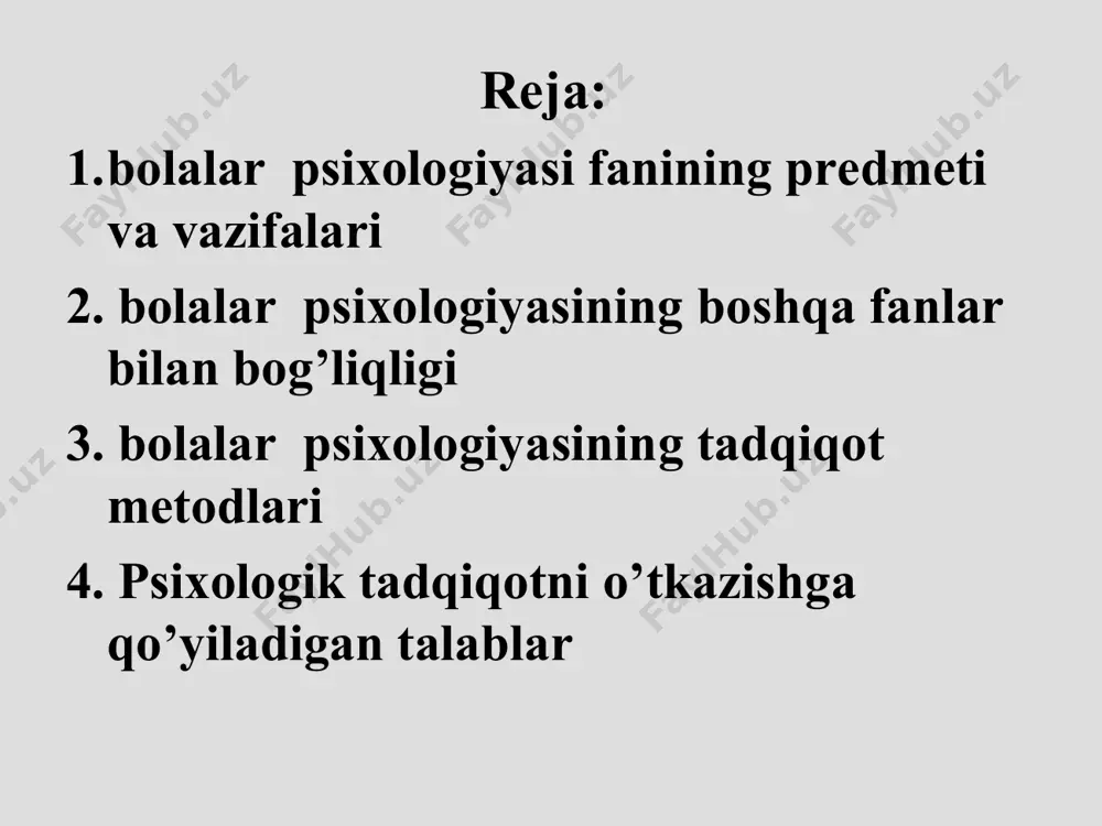 psixologiyasi bolalar psixologiyasining umumiy vazifalari psixik jarayonlarning, bilimlarning o’zlashtirishning yosh imkoniyatlarini tadqiq qilish. shaxs bolalar ining muhim omillarini o’rganish psixik taraqqiyotning umumiy qonuniyatlarini hamda bosqichlarini tadqiq etish har bir yoshning psixologik va individual xususiyatlarini o’rganadi * bolalar psixologiyasining nazariy vazifalari: - insonning butun hayot yo‘li davomida psixik bolalar iga ta’sir etuvchi va harakatga keltiruvchi kuchlar, mexanizmlarni o‘rganish; - ontogenezda psixik bolalar ni davrlashtirish; - psixik bolalar davomida yosh xususiyatlari, bolalar qonuniyatlari va bilish jarayonlarini o‘rganish; - ma’lum tarixiy davrda shaxs bolalar i hamda shaxs sifatida shakllanishini tadqiq etish. bolalar psixologiyasining amaliy vazifalari: - insonning psixik funksiyalarining yosh davriga mos me’yorlarni va ijodiy qobiliyatning mavjudligini aniqlash; - psixologik bolalar da bolaning bolalar i, psixologik salomatligini nazorat qilish va tizimlashtirish; - yosh va tibbiy diagnostika; - inson hayotining inqirozli davrlarida yordamni amalga oshirish. bolalar psixologiyasining boshqa fanlar bilan bog’liqligi pedagogika va bolalar psixologiyasi- pedagogika ta’lim va tarbiya qonunlari, metod va usullari haqidagi …