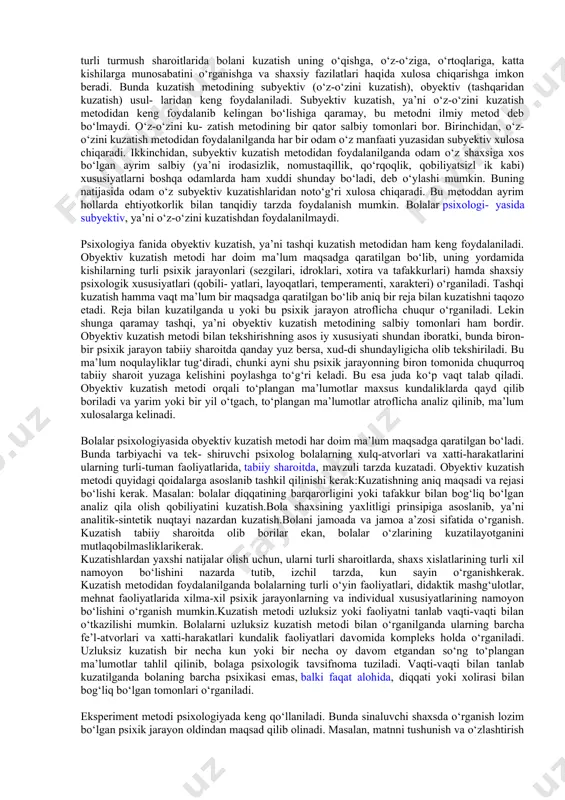 navbatda shu metodlar yordamida to‘plangan ma’lumotlarning ishonchliligiga bog‘liqdir. psixologiyaning har bir tarmog‘i o‘z vazifalarini yechish, ma’lumotlarga ega bo‘lish uchun ko‘plab metodlarni sinovdan o‘tkazib, eng ishonchli va mukammallarini saqlab qol- gan. b.g. ananev psixikani o‘rganish metodlarini to‘rt guruhga ajratadi: · tashkiliy metod; · empirik (amaliy); · natijalarni qayta ishlash; · genetik va donalash metodlari. birinchi tashkiliy guruh o‘z ichiga qiyoslash, longityud (uzluksiz), kompleks (ko‘p qirrali) deb atalgan turlarini oladi. qiyoslash turi umumiy psixologiyada, sotsial psixologiyada, tibbiyot, sport, yuridik psixologiyada keng qo‘llaniladi. longi- tyud metodi bir holatni uzoq vaqt kuzatish, birdaniga bir necha sinaluvchini tekshirish, qiyoslash maqsadida qo‘llaniladi. nemis olimi v. shtern, fransuz olimi r. zazzo, rus olimlari n.a. menchinskaya, a.n. gvozdev, n.s. leytis, v.s. muxina va boshqalar bu usuldan keng foydalandilar. bu usulda kuza- tish «ona kundaligi» singari nomda ham atalishi mumkin. psixologik tadqiqotlar ilmiyligini oshirishda bir necha fan- lar hamkorligiga suyanib kompleks metodlar qo‘llaniladi. hozir muhandislik psixologiyasi, psixofiziologiya, kosmik psixologiya, …
