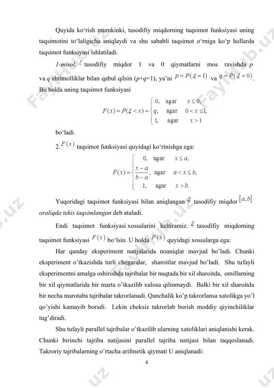 vchi kurinishini axtarish kerak. bu vazifa uni logarifmlash yuli bilan axtariladi. uchinchi taxmin. omillarning qiymatlari notosodifiy qiymatlardir. bu taxmin shuni anglatadiki, omillarning qiymatlarini bir xil darajada urnatish bilan olinadigan natijaning aniqligi oshiriladi. bu bilan bajariladigan tajriba xatoligi kamayadi degan xulosa kilish mumkin. polinomial modelning koeffitsiyentlari qiymatlarini yuqorida keltirilgan usul bilan aniqlangandan sung, uning qiymati kanchalik tasirganligini va uning zarurligini aniqlash zarur. bunday aniqlash usulini biz modelning adekvatligini aniqlash deb ataymiz. bu masalani aniqrok tushunish uchun qo’yidagi misolni taxlil kilamiz: qo’yidagi ikkita eksperiment natijalari buyicha rasmlar keltirilgan. у х1ху у х1ху rasm 2. modelning adekvatligini tekshirish chizmasi bu keltirilgan rasmlardan kurinib turibdiki: a) rasmda nuqalarda amalga oshirilgan tajribalar natijalari juda chetki qiymatlarga ega emas va bir-biriga yakin, demak tajribaning to’g’ri amalga oshirilganligi, natijaga boshqa ta’sirlar ko’p sezilmaganligi ko’rinib turibdi va natijalar regressiya chizigiga yaqin holda joylashgan. bu olingan eksperiment modelini adekvat deb xulosa qilsak xatoni kam qilamiz. b) ko’rinishdagi natijalarda esa …