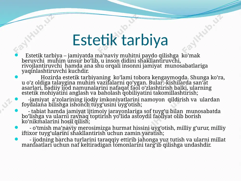 shi uchun ham tarbiya jarayoni bilan chambarchas bog’lanadi. chunonchi, inson tafakkurini go’zallashtirish estetikaning tadqiqot obyekti hisoblansa, estetik tarbiyaning predmeti esa ma’naviy dunyoni inson tomonidan estetik anglash bilan belgilanadi. informatsion texnologiyalar-estetik tarbiyaning global vositasi. bir paytlar tabiiy va texnika bo’yicha mutaxassislar tayyorlaydigan oliy ta’lim muassasalari talabalariga “ sizning idealingiz asosan qaysi sohalarda aks etadi?”, degan savolga ularning ko’pchiligi san’at, adabiyot va ma’rifat sohasida ko’proq aks etadi, degan javob berishgani ham fikrlarimizni isbotlaydi. aytish mumkinki, axborot va kommunikatsiya texnologiyasi bugungi kunda insoniy va iqtisodiy taraqqiyotning muhim vositasiga aylanishi natijasida odamlarning turmush tarzini, o’zaro aloqasini hatto tashqi ko’rinishi ham tubdan o’zgarishiga olib keldi. mahalla-estetik tarbiyaning muhim vositasi. mahallaning shaxs estetik tarbiyasi ta’siri nihoyatda katta. modomiki, mahalla jamiyat ichidagi kichkina jamiyat bo’lib, u bugun shaxsning ijtimoiy- siyosiy faolligini oshirishga, uning ijtimoiy- huquqiy madaniyatini shakllantirishga ko’mak beruvchi makon sifatida ham yuksak ahamiyat kasb etadi. shuningdek, mahalla shaxs nafosatli tarbiyasiga yaqindan ta’sir ko’rsata olishi bilan boshqa …