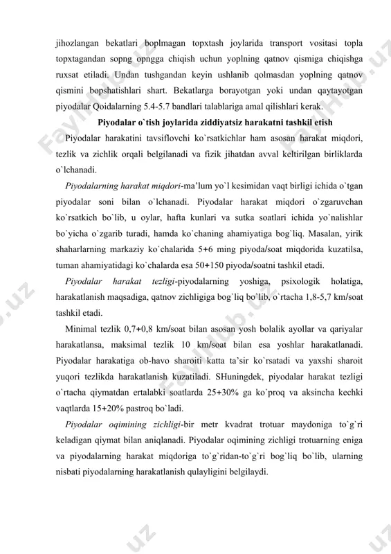 ha kechki vaqtlarda 15(20% pastroq bo`ladi. piyodalar oqimining zichligi-bir metr kvadrat trotuar maydoniga to`g`ri keladigan qiymat bilan aniqlanadi. piyodalar oqimining zichligi trotuarning eniga va piyodalarning harakat miqdoriga to`g`ridan-to`g`ri bog`liq bo`lib, ularning nisbati piyodalarning harakatlanish qulayligini belgilaydi. ytx da jaroxatlanganlarga 1-tibbiy yordam ko`rsatish tibbiy yordam ko`rsatishning bosqichlari yo`l-transport hodisalari jarayonida ro`y berayotgan shikastlanishlar katta ijtimoiy muammolarga aylanmoqda. iqtisodiy jihatdan rivojlangan mamlakatlarning ko`pchiligi avtoavariyalarning epidemiyasiga yo`liqgan bo`lib, undan katta zarar ko`rsatmoqda. tajriba shuni ko`rsatadiki, yo`l-transport hodisalariga uchraganlarga birinchi daqiqalarda tibbiy yordam ko`rsatish ko`p jihatdan ular hayotini saqlab qolishga bog`liq bo`ladi. yapon mutaxassislarining fikricha, shikastlangan kishi klinik o`lim holatida 3 daqiqagacha bo`lsa, hayotni saqlab qolish ehtimoli 75% tashkil qiladi. bu vaqt 5 daqiqaga cho`zilsa, hayotni saqlab qolish ehtimoli 25 % gacha kamayadi. agar 10 daqiqadan ko`p vaqt o`tsa, odamni hayotini saqlab qolib bo`lmaydi. n.v.sklifosovskiy nomidagi tez yordam ilmiy tadqiqot institutning ma’lumotlariga ko`ra, yo`l-transport hodisalarida o`lganlarning taxminan 17% ning sababi qon oqish, nafas bug`ilishi …