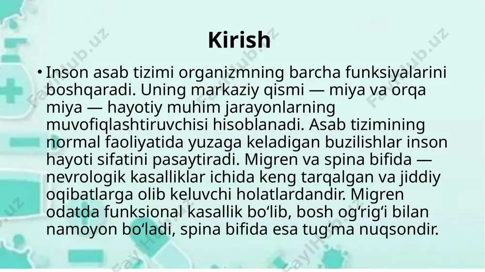 yoki so‘zlashishda qiyinchilik. bosh og‘rig‘i odatda bir necha soatdan 3 kungacha davom etadi. migrenni tashxislash migrenni tashxislashda eng muhim narsa — bemorning shikoyatlarini to‘g‘ri baholash. nevrolog bemordan xurujlar tezligi, davomiyligi, og‘riq joyi, og‘riqni kuchaytiruvchi omillar haqida batafsil so‘raydi. qon tomir yoki miya o‘smalarini istisno qilish maqsadida mri yoki kt tekshiruvlari o‘tkaziladi. eeg miya faoliyatining elektr faolligini baholaydi. ko‘p hollarda migren tashxisi klinik belgilar asosida qo‘yiladi, chunki laboratoriya tahlillari odatda o‘zgarishsiz bo‘ladi. spina bifida spina bifida — bu homila rivojlanishining ilk bosqichlarida (3–4 haftaligida) orqa miya suyaklarining to‘liq yopilmasligi natijasida vujudga keladigan tug‘ma nuqsondir. bu holatda orqa miya yoki uning pardalari orqa umurtqa kanali tashqarisiga chiqib qoladi. spina bifida “nerv naychasi defekti” deb ham ataladi. kasallik tug‘ilgan chaqaloqlarning taxminan 1000 ta tug‘ilishdan 1–2 tasida uchraydi. uning og‘ir shakllari falaj, siyish va axlat chiqarish buzilishi, hatto hayot bilan mos kelmaydigan asoratlarni keltirib chiqaradi. spina bifidaning turlari 1. spina bifida okkulta — yashirin …