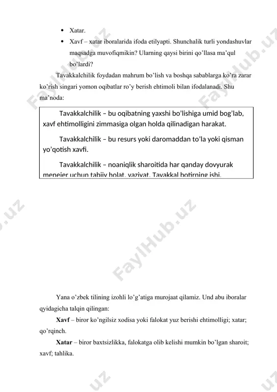 buzilishi yoki nobut bo’lishi xavfi. 4. firma hodimlari ehtiyotsizligi. 5. firmaga hodimlar noinsofligi bois yetkaziladigan moddiy va ma’naviy zarar. 6. butun loyihaning bajarilishi javobgar bo’lgan hodimlardan biri yoki bir guruhning o’z vazifalarini bajarmasligiga aloqador xavf. 7. korxonaning (turli sabablarga ko’ra) ish faolligini vaqtincha to’xtab qolishi. 8. firma rahbari, yetakchi hodim yoki boshqa firmaning muvaffaqiyatining uning faoliyat ko’rsatishi bilan bog’liq bo’lgan mutahasisning o’limi yoki kasallikgidan yuzaga keladigan xavf. 9. hodimning o’limi, kasal bo’lib qolishi yoki bahtsiz hodisaga uchrashi bilan bog’liq xavf. 15.3. tavakkalchilik turlari amaliyotda rahbar yoki tadbirkor o’z faoliyatida: · mol – mulk talofatiga; · moliyaviy yo’qotishlarga; · daromadlarning kamayishiga; · foyda darajasini aniqlashdagi hatoliklarga yo’l qo’ymaslik va shu jihatlarni yaxshilash maqsadida turli – tuman tavakkalchilikka boradilar. shunday sharoitda qaysi bir turdagi tavakkalchilikni tanlash, qaysi biri ko’proq samara berishi mumkinligini aniqlash ko’p jihatdan tavakkalchilik turlarining ilmiy asoslangan tavsifnomasini bilishni taqozo etadi. shunday tavsifnoma quyidagi ko’rinishga ega(31-chizma). moliya bilan bog’liq tavakkalchilik …