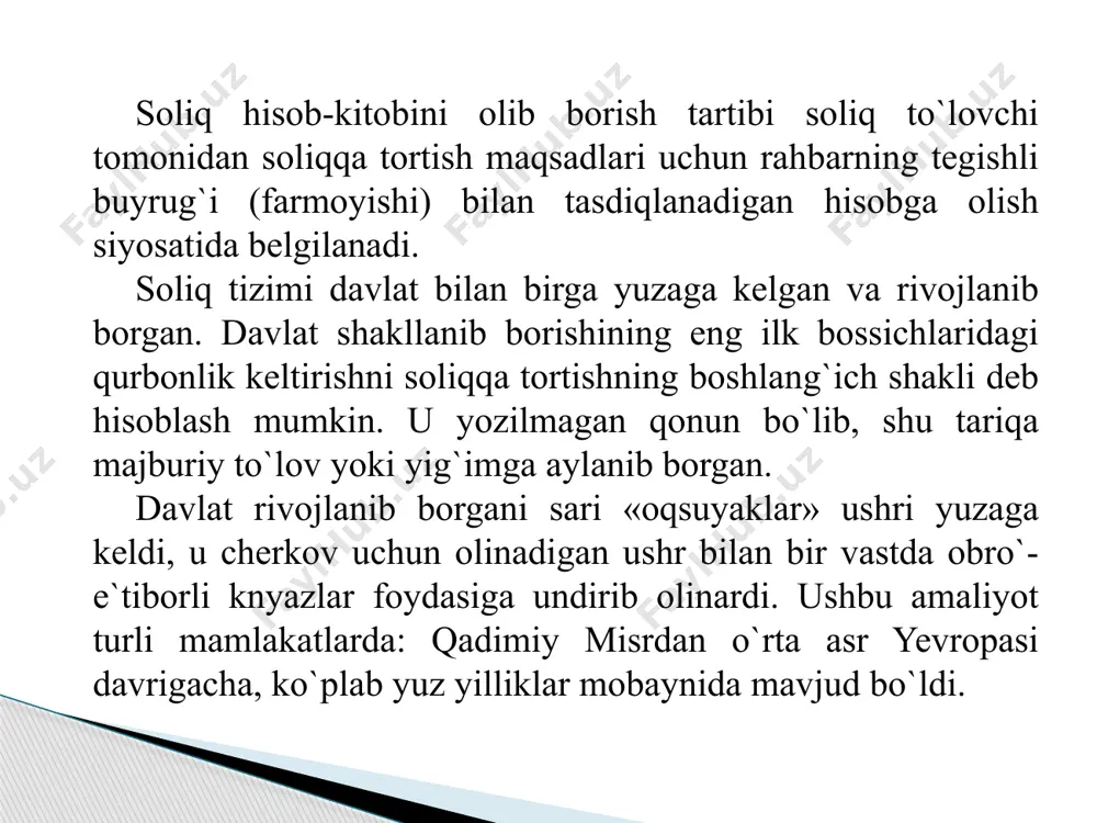 byudjet bo`lmaydi. iqtisodchi olimlar davlat soliq tizimining uchta turini ajratib ko`rsatadilar: birinchi turi - eng yuqori, ya`ni maksimal soliqlar siyosati, u olish mumkin bo`lgan narsaning, hammasini olish tamoyili bilan xarakterlanadi. bunda davlatga «soliq tuzog`i» tayyorlab qo`yilgan bo`ladi, soliqlarni oshirish davlat daromadlarining oshishiga olib kelmaydi. ikkinchi turi – oqilona soliqlar siyosati, bunday siyosat tadbirkorlik uchun qulay soliq iqlimini ta`minlab, uning rivojlanishiga ko`maklashadi. uchinchi turi - soliq solishning yetarlicha yuqori darajada bo`lishini ko`zda tutadigan soliq siyosati, lekin bunda ijtimoiy himoya ham yetarli bo`ladi. kuchli iqtisodiyotda yuqorida ko`rsatilgan soliq turlarining barchasi muvaffaqiyatli qo`shib olib boriladi. o`zbekiston uchun soliq tizimida ko`proq birinchi turning uchinchi tur bilan qo`shib yuritilishi xosdir. turli mamlakatlarda byudjet daromadlarining asosiy qismini aynan soliqlar tashkil etadi. masalan, fransiyada soliqlar davlat byudjeti daromadlarining 95% ni, aqshda - 90% dan ko`prog`ini, germaniyada - 80%, rossida - 93% ga yaqin, o`zbekistonda - taxminan 96% ni shakllantiradi. davlat byudjeti daromadlarining kattagina qismi bilvosita soliqlar hisobiga …