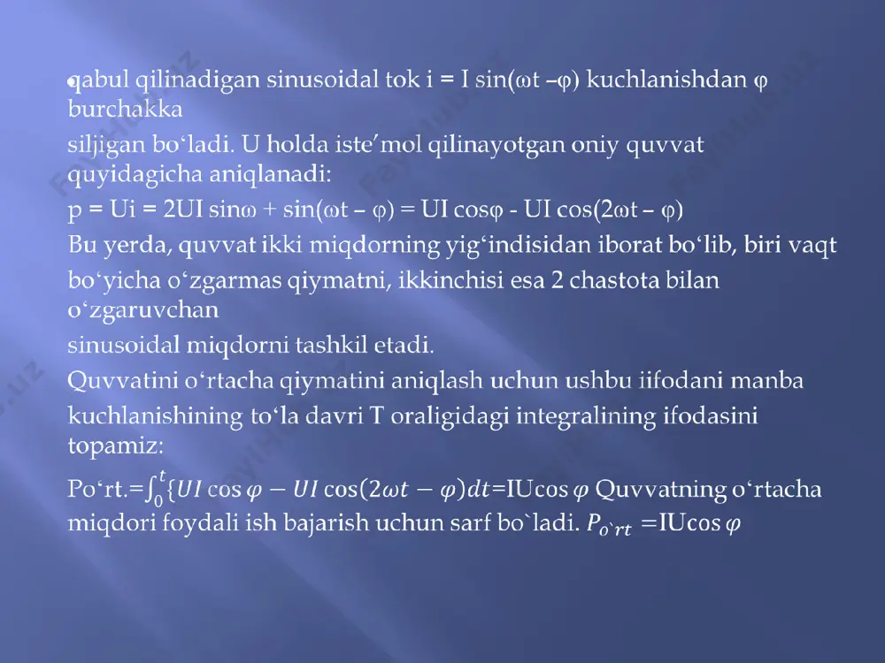 fazali kondensatorlar, 20 - 35 kv li kondensator batareyada 1 fazali kondensatorlar ketma-ket va parallel ulanib, batareya xosil qilinadi. kuchlanishi 380 voltli, 6 kv va 10 kv li kondensatorlar mavjud. ular mineral yog’ shimitilgan (km turidagi) va sintetik suyuqlik shimitilgan (ks) turida boʻladi. kondensatorlarning reaktiv quvvatni kompensatsiyalashda keng ishlatishiga asosiy sabablar quyidagilardan iborat: aktiv quvvatning solishtirma isrofi 0,005 kvt/kvar gacha kichik boʻlishi mumkin; ekspluatatsiyasi va montaj ishlari oson bajariladi; narxi nisbatan arzon; massasi yengil; shovqinsiz ishlaydi; kondensator batareyasini iste’molchilar guruhining joylashgan maydoniga oʻrnatish mumkin. kondensator batareyalarining kamchiliklari: yongʻindan xavfliligi, qoldiq zaryadning mavjudligi; oʻta kuchlanish va tokning sakrashlariga sezgirligi; generatsiya qilinayotgan quvvat miqdorining kuchlanishga uzviy bogʻliqligi(q=wc). уk-kondensator qurilmasi; у3-bino ichkarisiga oʻrnatiluvchi; н, tboshqaruv kuchlanish yoki tok boʻyicha. kondensator qurilmalarini oʻrnatish xususiy, guruh iste’molchilari uchun, markazlashtirilgan boʻlishi mumkin. ayrim iste’molchining kirish qismiga kondensator toʻgʻridan-toʻgʻri ulansa, xususiy oʻrnatish sodir boʻladi. bunday ulanishda kondensatorning ishlatilishi toʻla boʻlmaydi, chunki iste’molchini uzilishi kondensatorni ham tarmoqdan uzilishiga …