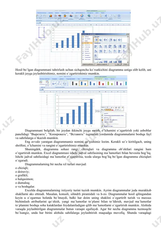 i va diagramma ob’ektlari rangini ham o’zgartirish mumkin. excel diagrammasi ishchi jadval sahifasining ma`lumotlari bilan bevosita bog’liq. ishchi jadval sahifasidagi ma`lumotlar o`zgartirilsa, tezda ularga bog’liq bo`lgan diagramma chiziqlari o`zgaradi. diagrammalarning bir necha xil turlari mavjud: o chiziqli; o doiraviy; o grafikli; o halqasimon; o dumaloq; o va boshqalar. excelda diagrammalarning ixtiyoriy turini tuzish mumkin. ayrim diagrammalar juda murakkab shakllarni aks ettiradi. masalan, konusli, silindrli piramidali va h-zo. diagrammalar hosil qilingandan keyin u o`zgarmas holatda bo`lmaydi, balki har doim uning shaklini o`zgartirib turish va maxsus bichimlash atributlarini qo`shish, yangi ma`lumotlar to`plami bilan to`ldirish, mavjud ma`lumotlar to`plamini boshqa soha kataklardan foydalaniladigan qilib ma`lumotlarni o`zgartirish mumkin. alohida varaqda joylashtirilgan diagrammalar butun varaqni egallaydi. agar bir necha diagramma tuzmoqchi bo`lsangiz, unda har birini alohida sahifalarga joylashtirish maqsadga muvofiq. shunda varaqdagi diagrammalarning “ko`rinarlilik darajasi” saqlanadi. buning uchun diagramma kontekst menyusi chaqiriladi. oddiy diagrammalar: gistogramma, grafiklar va boshqalarda ikkita o`q, mavjud bo`lib, ulardan biri kategoriya, ikkinchisi …