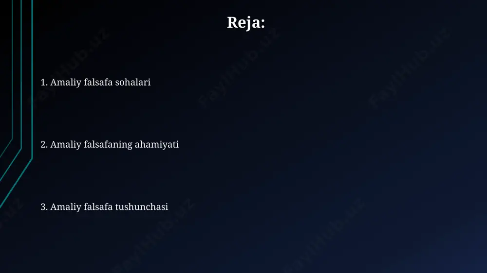 mkin. amaliy falsafa kelajagi amaliy falsafa kelajagi, 21-asrning 20-yillarida dunyo bo'ylab 300 dan ortiq universitetda o'qitilishi kutilmoqda, bu esa professional sohalarga falsafiy yondashuvning o'sishini ko'rsatadi. amaliy falsafaning 3 ta asosiy yo'nalishi – axloqiy etika, ijtimoiy adolat va innovatsion menejment – kelgusi 10 yil ichida global miqyosda 15% ga o'sib, jahon iqtisodiyotiga sezilarli hissa qo'shadi. amaliy falsafa usullari “amaliy falsafa usullari” kursi doirasida 50 dan ortiq talaba 2023-yilda toshkent shahrida o‘tkazilgan amaliy ma’ruzalarda falsafiy muammolarni hal qilish usullarini o‘rgangan. “amaliy falsafa usullari” fanining samarqanddagi tadqiqotlari 15 yildan ortiq davom etib, 3 ta yirik loyiha va 70 dan ortiq amaliy tavsiyalar ishlab chiqilgan. e'tiboringiz uchun rahmat @taqdimot_robot image1.jpg image2.jpg image3.jpg image4.jpg image5.jpg image6.jpg image7.jpg