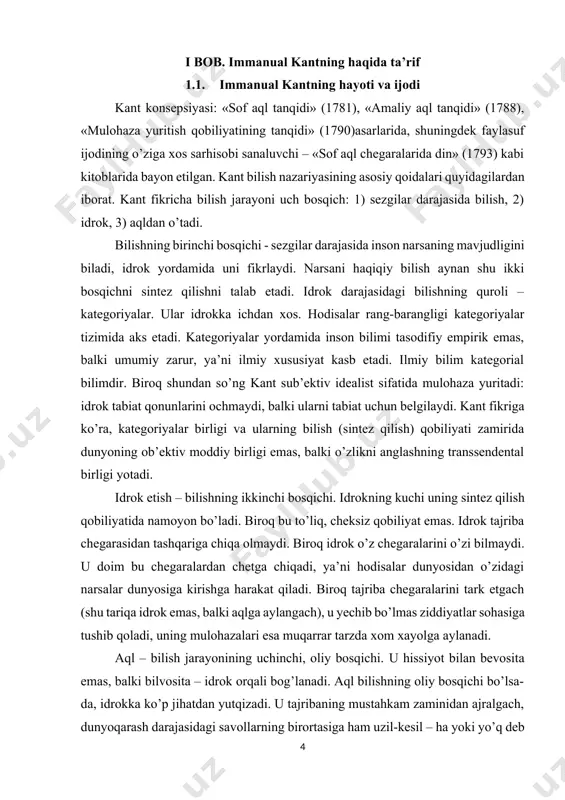 m zaminidan ajralgach, dunyoqarash darajasidagi savollarning birortasiga ham uzil-kesil – ha yoki yo’q deb javob bera olmaydi. dunyo vaqtda va makonda boshlanadimi yoki u cheksiz va boqiymi? inson joni boqiymi yoki foniymi? iroda erkinligi mavjudmi yoki dunyoda hyech qanday erkinlik mavjud emas, hamma narsa tabiiy zarurat qonuniga ko’ra yuz beradimi? xudo bormi yoki yo’qmi? idrok bunday savollarni bera olmagan bo’lardi. aql esa bunday savollarni beradi, biroq ularga javob topa olmaydi. uning da’volari imkoniyat darajasida emas. sof nazariy aql o’z mag’lubiyatini tan olishi lozim, chunki u o’zidagi narsalarni bila olmaydi. ammo nima uchun u shunga qaramay bilishning oliy bosqichi deb e’tirof etiladi? shuning uchunki, aqlning sof g’oyalari (kant ularni tamoyillar deb nomlagan) bilishda oliy tartibga solish vazifasini bajaradi. ular idrokka yo’l ko’rsatadi. aql g’oyalarini ufq chizig’iga o’xshatish mumkin: garchi bu chiziqqa yetib bo’lmasa-da, u insonga makonda mo’ljal olish, ko’zlangan maqsad sari to’g’ri harakatlanish imkonini beradi. shunga qaramay, kant bilish nazariyasida metafizik …