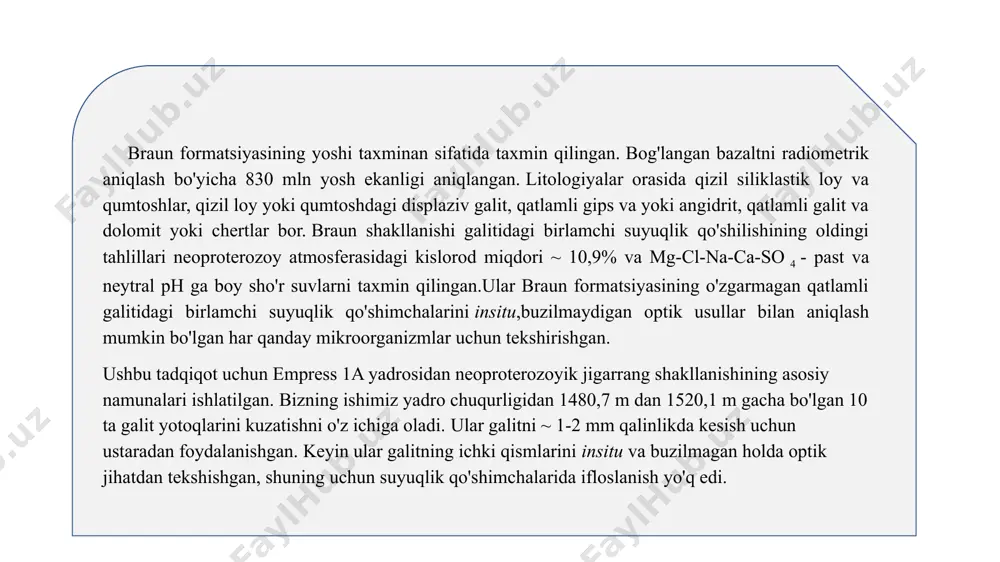 alofil suv o'tlari jinsiga mos keladigan xususiyatlarga ega ,shu jumladan sariq rang, chuqurchali yuza tuzilishi va qorong'i halqa. 830 million yillik broun formatsiyasi galitida birlamchi suyuqlik birikmalarida mikroorganizmlarning topilishi mikroorganizmlarning toniya suvlarida tutilishi va ularning yerdagi uzoq geologik vaqt oralig'ida cho'kma kristallari ichida saqlanishining dalilidir. uv nuriga floresan ta'sir doirasi organik parchalanish tufayli ba'zi o'zgarishlarni ko'rsatishi mumkin. moviy floresans zamonaviy mikroorganizmlarga mos keladi, bu o'zgarmagan organik materialni taklif qiladi (masalan, mormile va storrie-lombardi, 2005 ; conner va benison, 2013 ). bundan farqli o'laroq, ba'zi hujayralardagi oq va oltin floresans va boshqa hujayralarda floresansning etishmasligi organik parchalanish natijasi bo'lishi mumkin. konning qavatlar tuzulishi. broun formatsiyasi (markaziy avstraliya) qatlamli galitdagi suyuqlik qo'shimchalari, empress 1a yadrosidan, tekislikdan o'tadigan yorug'likda (a)1502,2 m yadro chuqurligida o'sish chiziqlari bo'ylab ko'p miqdorda birlamchi suyuqlik qo'shilgan chevron galit kristalli. (b) o'sish zonalarida ko'p miqdorda birlamchi suyuqlik qo'shilishi bilan to'plangan kristall, yadro chuqurligi 1502,6 m. (c) ikkilamchi suyuqlik qo'shimchalarining …
