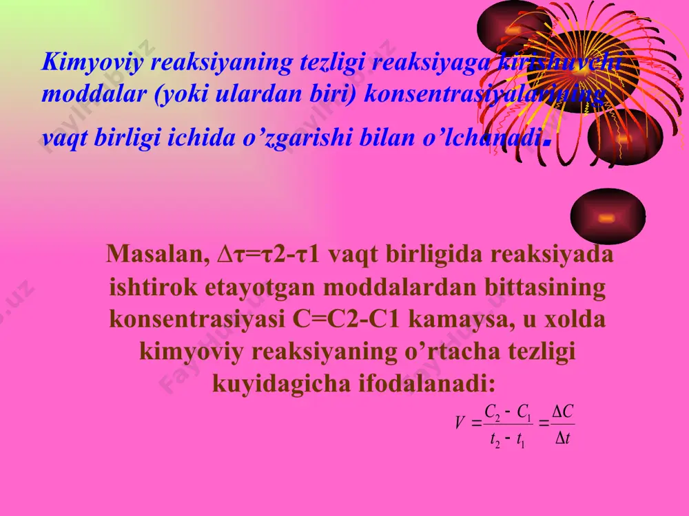 j2] tugri reaksiya tezligi v2 = k2[hj]2 teskari reaksiya tezligi bu yerda: k1- tugri reaksiya tezlik konstantasi k2- teskari reaksiya tezlik konstantasi vaqt birligida xosil bo’layotgan va parchalanayotgan hj molekulalarining soni bir biriga teng bo’ladi v1=v2 yoki k1[h2][j2]=k2[hj]2 yoki k1 va k2 o‘zgarmas qiymatlar bo’lgani uchun ularning nisbatlari ham o’zgarmas 1iymatdir, ya'ni: bu yerda, k- kimyoviy muvozanat konstantasi deyiladi. umumiy xolda kaytar reaksiya aa+bb=cc+dd uchun muvozanat konstantasi quyidagicha bu yerda, k- kimyoviy muvozanat konstantasi deyiladi. umumiy xolda qaytar reaksiya aa+bb=cc+dd uchun muvozanat konstantasi quyidagicha agar kimyoviy muvozanatda turgan sistemaga, reaksiyada ishtirok etayotgan moddalardan birortasini kushsak, tugri va teskari reaksiya tezliklari uzgaradi, vakt utishi bilan asta-sekin yana muvozanat karor topadi. yangi muvozanat xolatda reaksiyada ishtirok etayotgan xamma moddalarning konsentrasiyalari dastlabki konsentrasiyalardan fark kiladi, lekin muvozanat konstanta uzgarmay koladi. reaksiya muxiti uzgartirilmasa, muvozanat xolat uzgarmaydi. kimyoviy muvozanatga kuyidagi parametrlar ta'sir etadi. 1) reaksiyaga kirishuvchi moddalar konsentrasiyasi. 2) temperatura. 3) bosim (gazsimon moddalar …