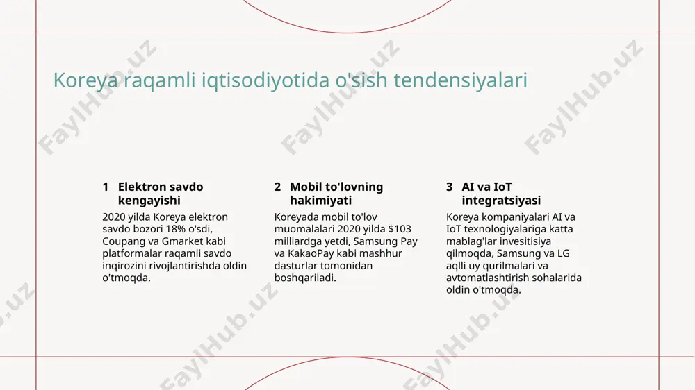 isodiyotida coupang va market kurly kabi elektron savdo platformalari keng rivojlanish ko'rsatdi, mijozlarga qulaylik va turli xil mahsulotlar taklif qilmoqda. samsung va lg kabi koreya texnologiya gigantlari sun'iy intellekt, 5g texnologiyasi va aqlli qurilmalar kabi sohalarida innovatsiyani rivojlantirish, koreyani raqamli iqtisodiyotda rahbar qilmoqda. raqamli rivojlanishlarga qaramasdan, koreya ma'lumotlarni himoya qilish va kiber-xavfsizlik kabi sohalarida tartibot kadrlarida muammolar bilan yuzlashmoqda, bu esa doimiy monitoring va moslashuvni talab qiladi. koreya raqamli iqtisodiyotida investitsiya imkoniyatlari 1 elektron savdo va onlayn bozorlar koreyada coupang va market kurly kabi platformalar borligi bilan investorlar uchun o'sish potentsiali mavjud. 2 texnologiya startaplar va innovatsiya seulning rivojlanayotgan texnologiya muhitida, kakao va naver kabi unicornlar uyushma, raqamli innovatsiyaga investitsiya uchun ajoyib imkoniyatlar taqdim etadi. 3 fintech va blockchain kuchli nazorat tizimi va blockchain texnologiyasiga qiziqish, koreya fintech sohasida raqamli moliya yechimlari uchun investitsiya potentsiali taqdim etadi. koreya raqamli iqtisodiyotining kelajagi o'sayotgan texnologiyalar koreya raqamli iqtisodiyoti, sun'iy zekiysizlik, blockchain va …